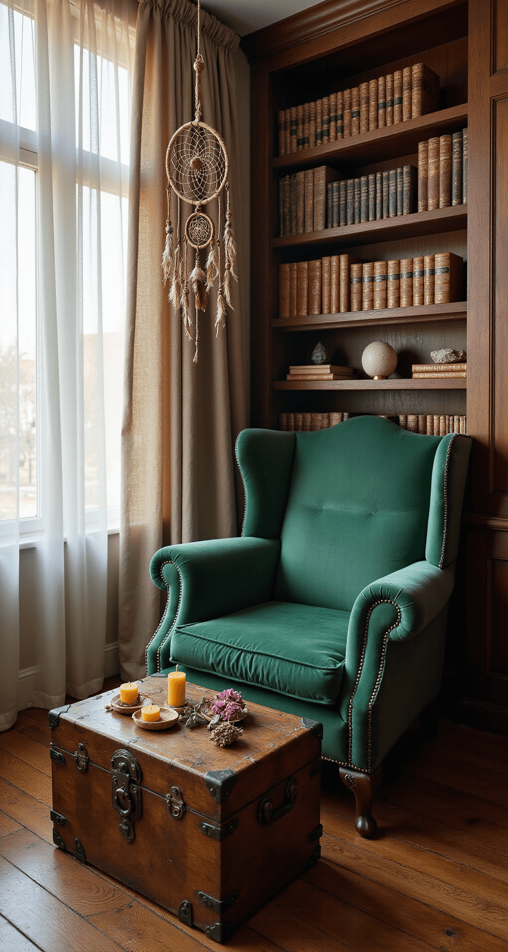 A cozy reading nook in an alcove, featuring an oversized emerald velvet armchair beside floor-to-ceiling bookshelves filled with vintage leather-bound books and tarot cards. A handwoven dreamcatcher with copper details hangs in the morning light, while a weathered trunk serving as a coffee table is adorned with beeswax candles and dried roses, all set on rich brown hardwood floors.