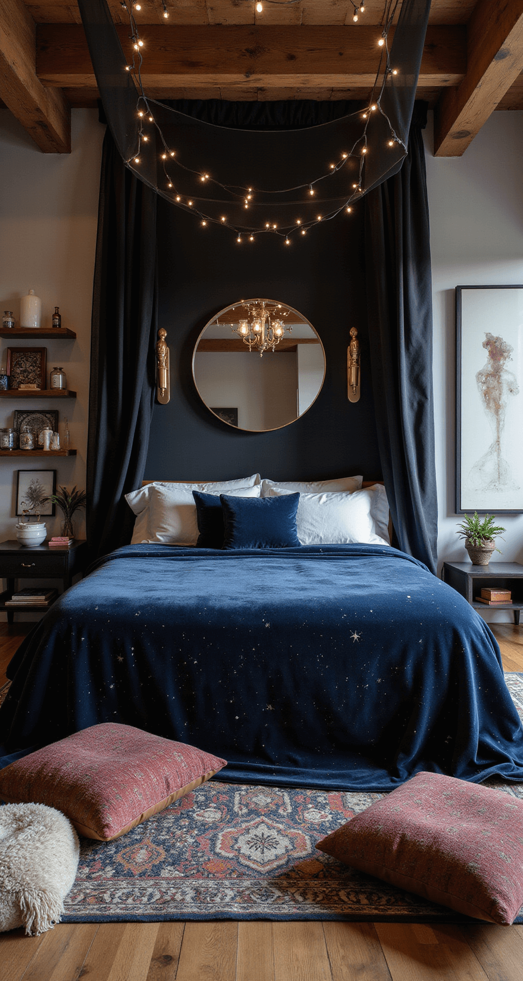 Dusk interior view of a master bedroom with high ceilings, featuring a king bed in midnight blue velvet, a black accent wall with a circular mirror and brass sconces, string lights, a meditation corner with Moroccan cushions and spell bottles, and exposed wooden beams.