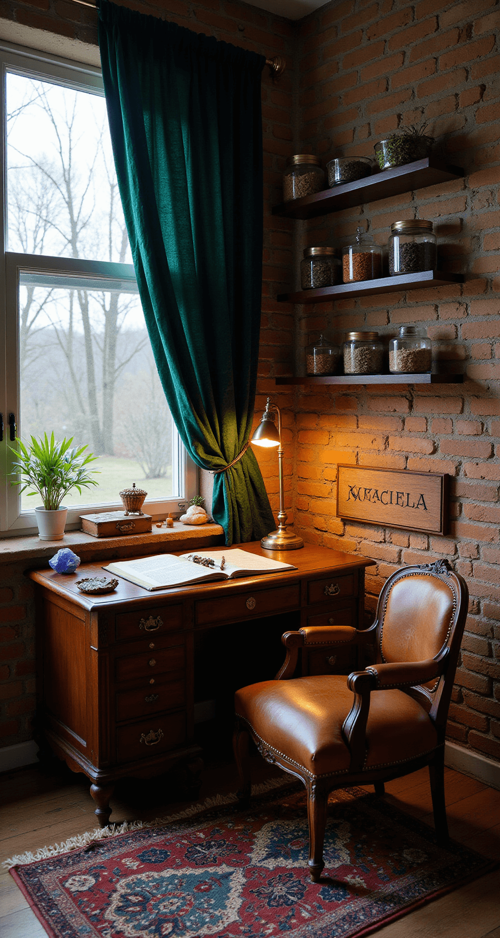 Intimate corner of a witchy workspace featuring an antique mahogany writing desk under an emerald velvet curtain window, with a warm lamp spotlighting a grimoire and crystals, surrounded by apothecary jars on floating shelves, a vintage Persian runner, and a leather armchair against an exposed brick wall.