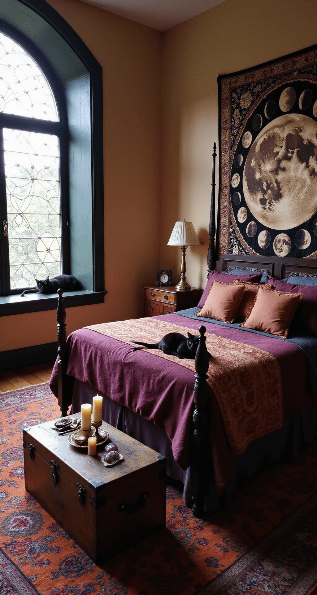 High-angle view of a cozy bedroom bathed in late afternoon light from a stained glass window, featuring a four-poster bed with aubergine and copper textiles, a moon phases tapestry on the opposite wall, black cats on the windowsill, and a vintage trunk with an altar setup complete with candles and crystals, all resting on layered rugs of burnt orange and deep purple.