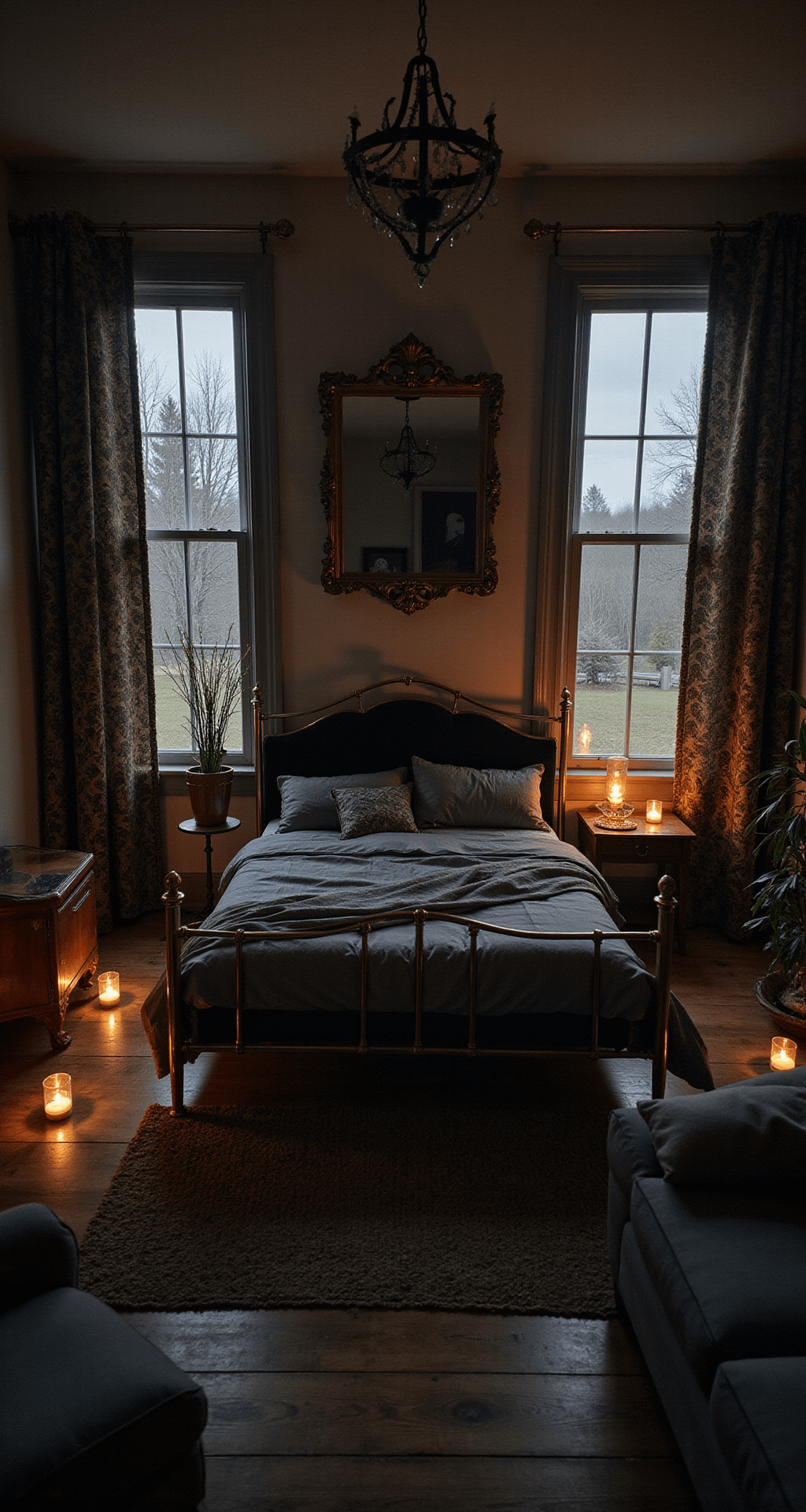 A moody twilight scene of a 11x13ft sleeping space featuring an ornate brass bed with a black velvet headboard, layered charcoal and silver linens, and a wall-mounted herb drying rack. Soft ambient lighting from salt lamps and scattered votives creates mysterious shadows, while an antique full-length mirror reflects candlelight and heavy damask curtains frame leaded glass windows.