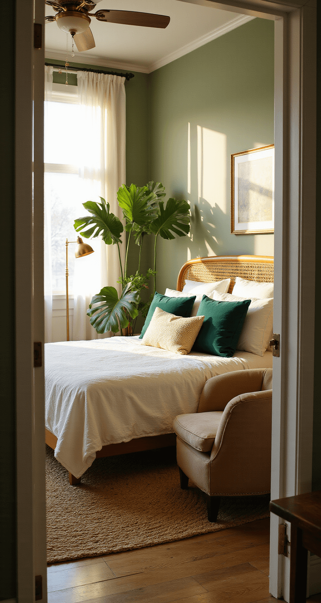 A sunlit bedroom with sage green walls featuring a rattan queen bed adorned with white linen and velvet pillows, a large monstera plant, vintage brass floor lamp, and a curved reading chair, all on a natural jute rug.