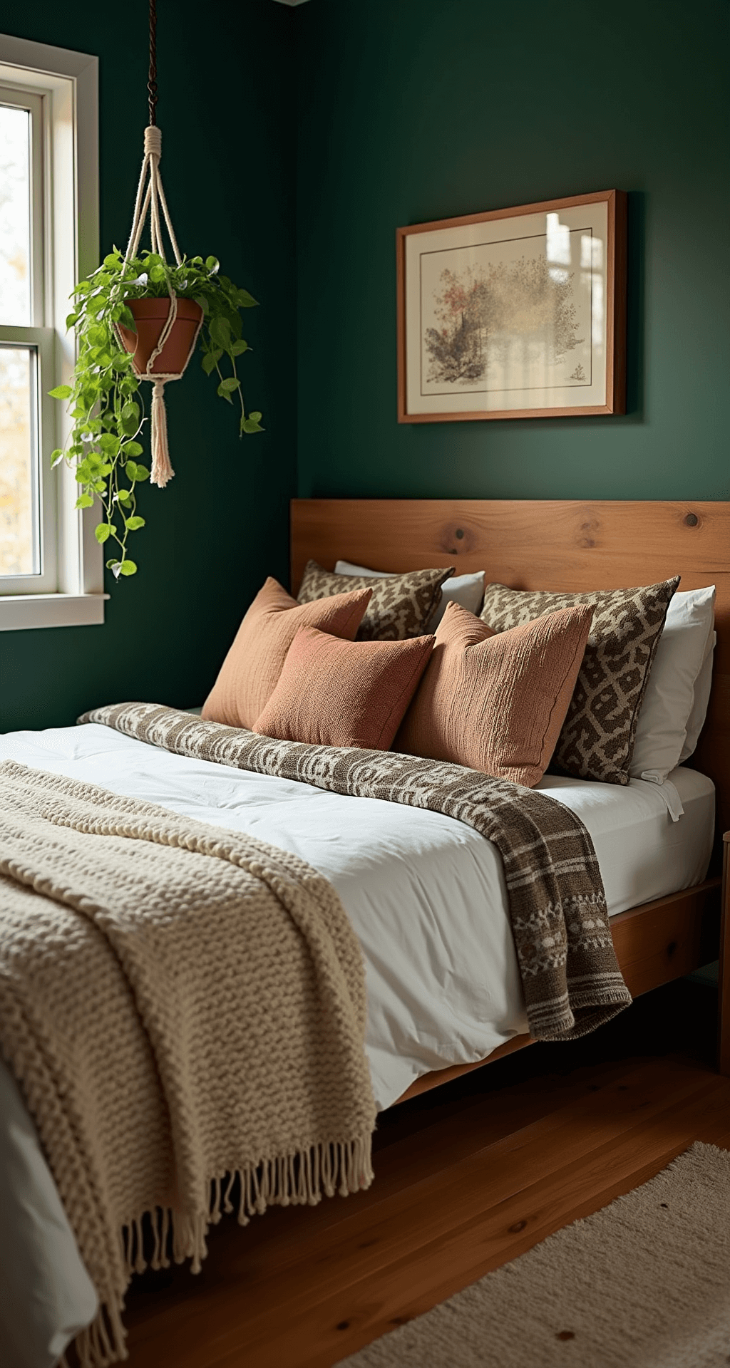 A cozy boho bedroom at dawn, featuring a moody forest green accent wall, a reclaimed wood platform bed with layered earthy bedding, and cascading pothos plants in macramé hangers, all illuminated by soft morning light and dramatic shadows.