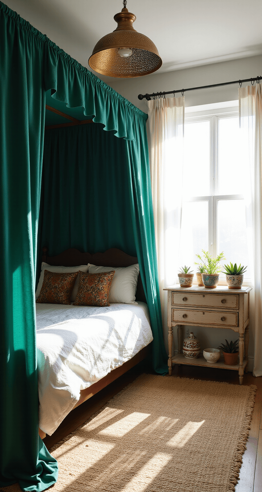 A sunlit bedroom featuring an emerald green canopy bed with white fabric drapes, a brass pendant lamp creating intricate shadows, a vintage kilim rug over seagrass matting, and painted ceramic pots with succulents on a distressed wooden console, shot from the corner with soft natural backlighting.