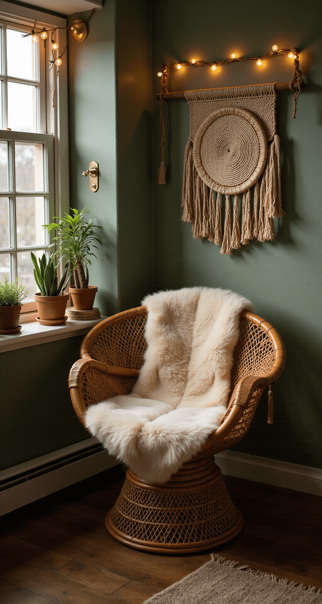 Intimate evening scene featuring sage green walls, a rattan peacock chair with a sheepskin throw, warm string lights, a brass mirror collection, snake plants on the window ledge, and a handwoven wall hanging, shot straight-on with an 85mm lens for a textured perspective.