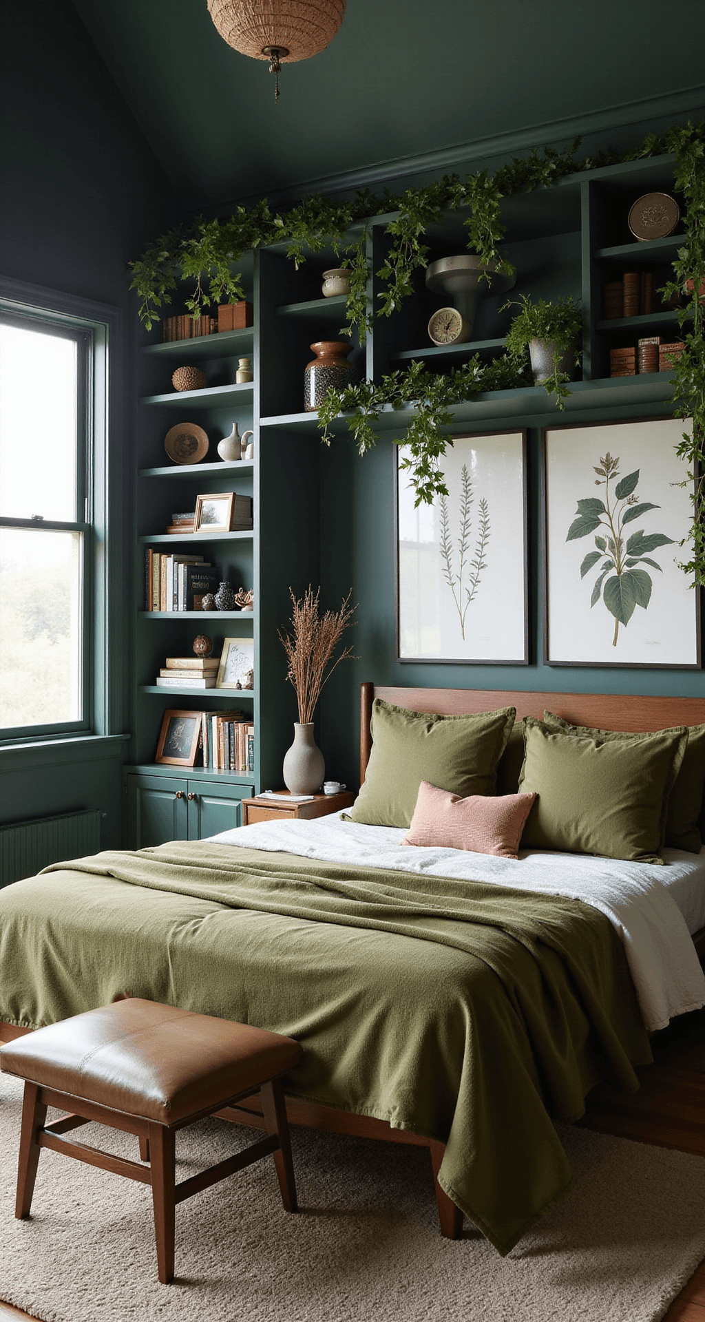 Aerial view of a 14x14ft bedroom with a vaulted ceiling, featuring a dark green built-in bookshelf wall filled with treasures and trailing ivy, a mid-century modern bed adorned with moss green velvet and natural linen, and oversized abstract botanical prints above the headboard, all illuminated by morning light.