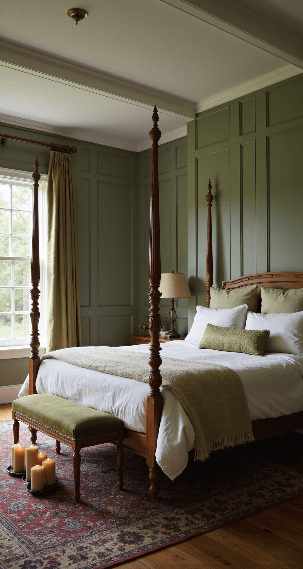 Dusk-lit master bedroom featuring sage green paneled walls, a white ceiling with exposed beams, a four-poster bed with white linens and olive green accents, a vintage Persian rug, and clusters of pillar candles for an intimate glow, captured from a low angle to highlight the ceiling height.