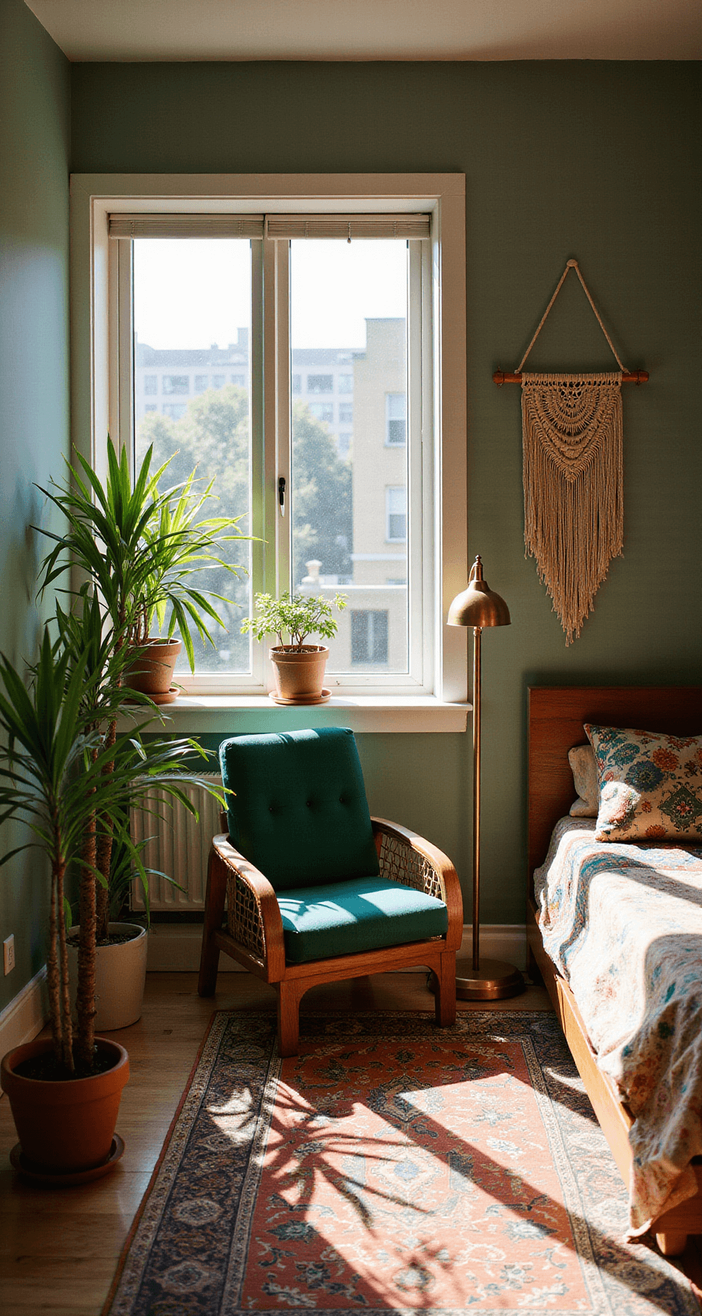 A sun-drenched boho sanctuary featuring an emerald green reading nook with a floating rattan chair, macramé wall hanging, and brass floor lamp. Layered vintage rugs lead to a platform bed adorned with global textiles, while potted palms serve as a natural divider. The image captures warm tones and textures in golden hour lighting.