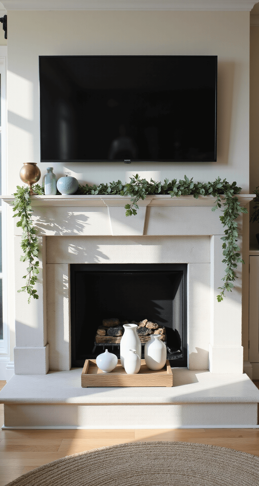 A sunlit living room featuring a modern limestone fireplace with a 65-inch Samsung Frame TV above, adorned with a low-profile weathered teak tray and three white ceramic vases, complemented by cascading eucalyptus garland and coastal-inspired decor, against cream walls with sage green and ocean blue accents.
