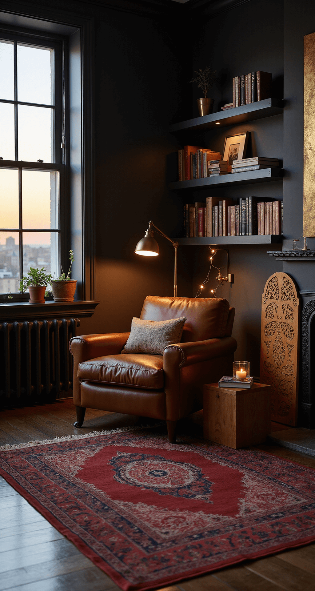 A cozy reading nook in a bedroom featuring walls in Sherwin Williams 'Black Magic' with a gold leaf accent wall, an oversized leather armchair, a brass floor lamp, and floating bookshelves, all illuminated by the warm glow of string lights and candles at sunset, complemented by a deep crimson Tibetan wool rug and a carved wooden screen.