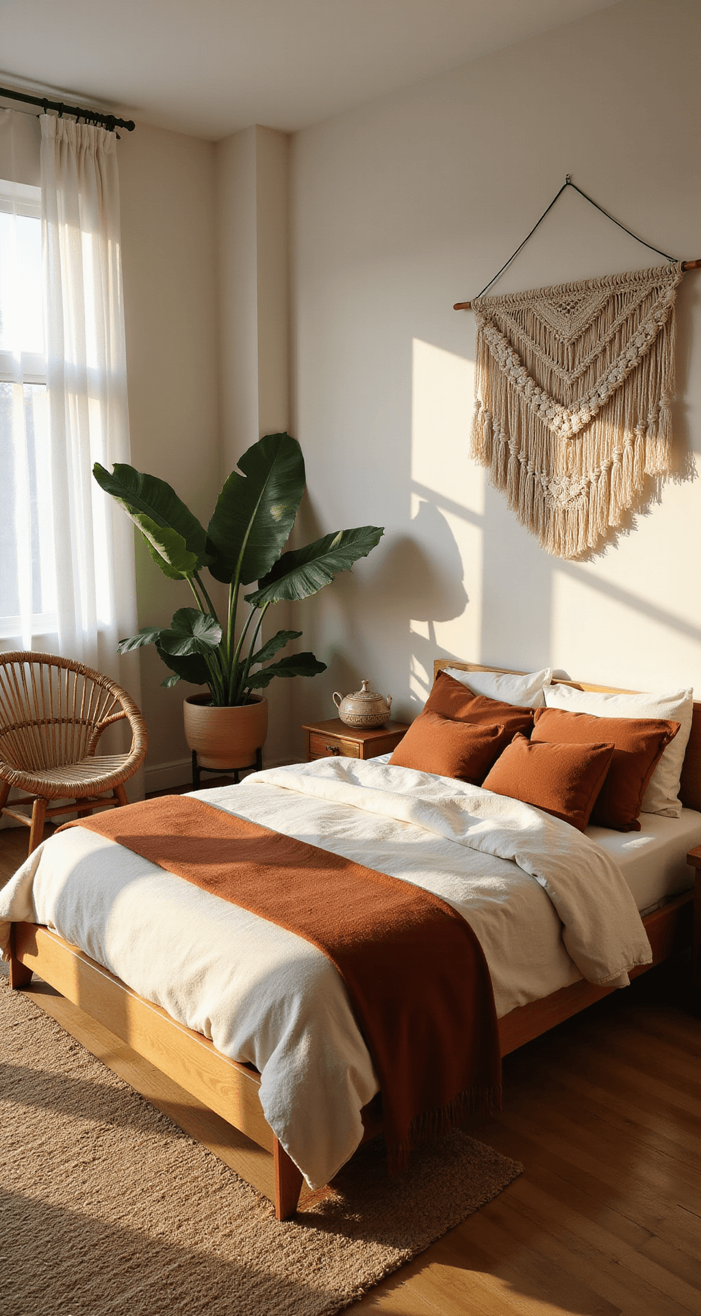 A sunlit bedroom featuring a low-profile platform bed with untucked oatmeal linen bedding and rust-colored throws, a large Monstera plant next to a vintage rattan armchair, and a jute rug. Natural materials like teak nightstands and woven baskets complement the warm earth tones, all captured from a corner angle with soft backlighting creating an atmospheric glow.