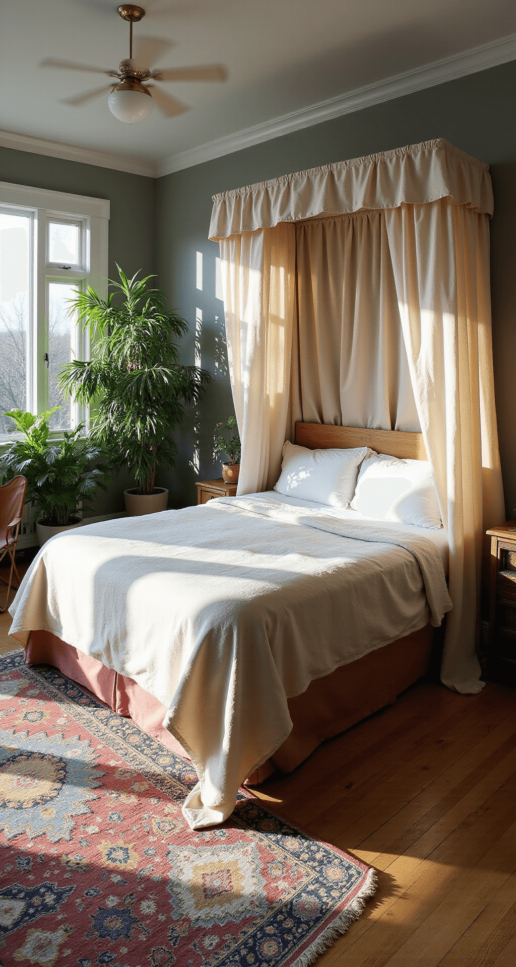 A wide-angle view of a spacious corner bedroom with 10ft ceilings, featuring a canopy bed draped in sheer muslin and dressed in rumpled stone-washed linen. The room is illuminated by late afternoon light, casting long shadows and enhancing the textures of the oversized vintage Moroccan rug, leather butterfly chair, and handcrafted ceramic side tables. A collection of potted ferns creates an indoor jungle atmosphere, while the color palette of clay pink, ocean blue, and forest green blends harmoniously with brass accents and raw wood materials.
