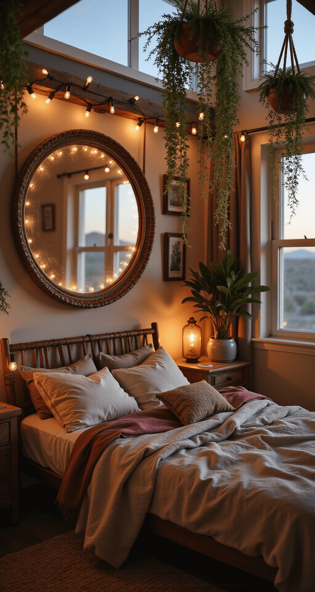 A cozy bohemian sanctuary with a low-slung rattan bed, layered muted bedding, and trailing succulents in macramé hangers, captured at dusk with magical string lights reflecting in a vintage brass mirror, showcasing a warm sunset palette of blush, amber, and dusty purple.