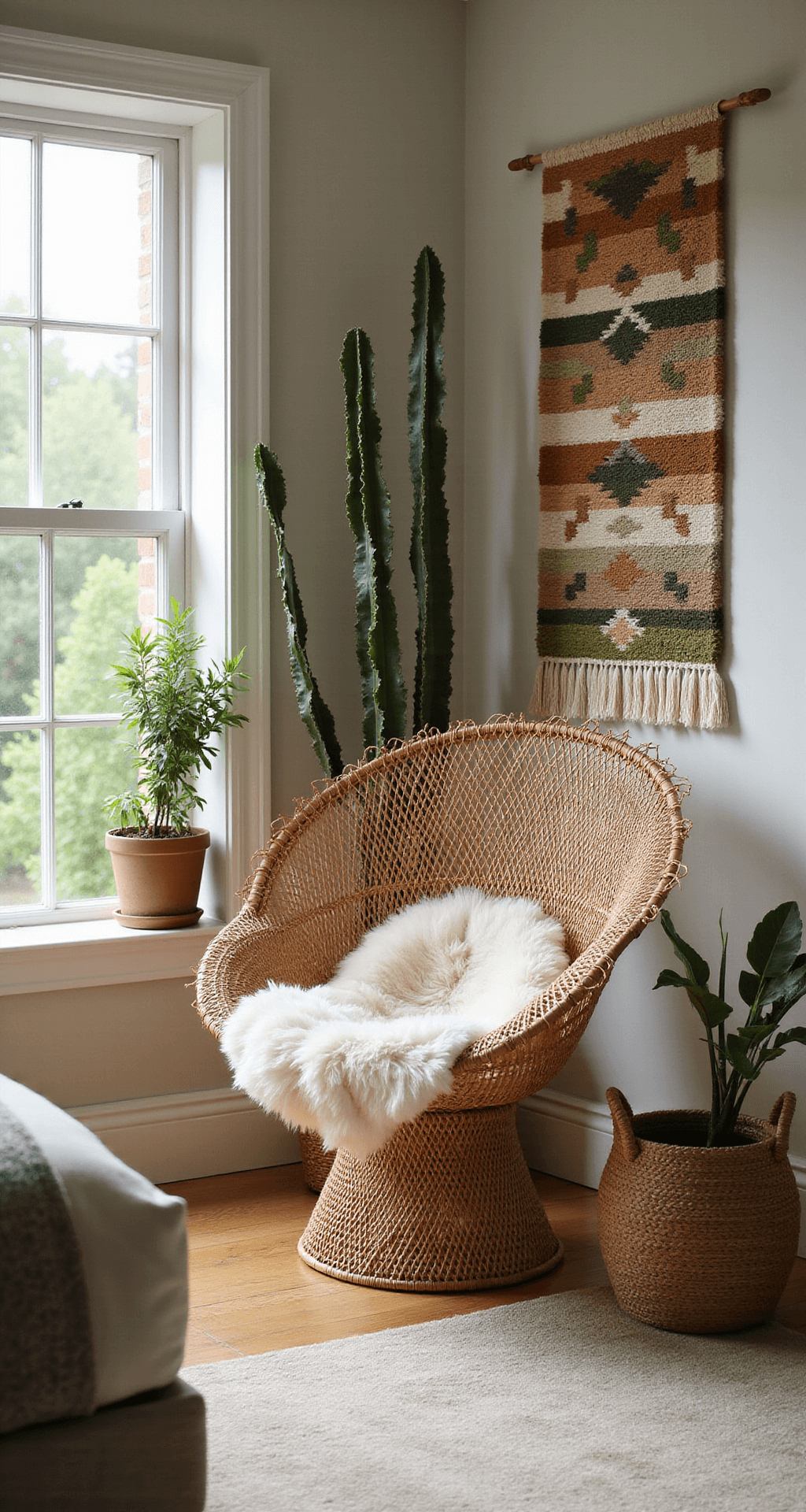 A sunlit corner vignette of a 15x15ft bedroom featuring a curved rattan peacock chair draped with a sheepskin throw, positioned near large windows. A handwoven earthy geometric tapestry serves as a backdrop, while varying height plants create a natural screen. The image focuses on textural details of materials like woven reed, organic cotton, and glazed pottery, in nature-inspired colors of moss green, mushroom brown, and cloud white.