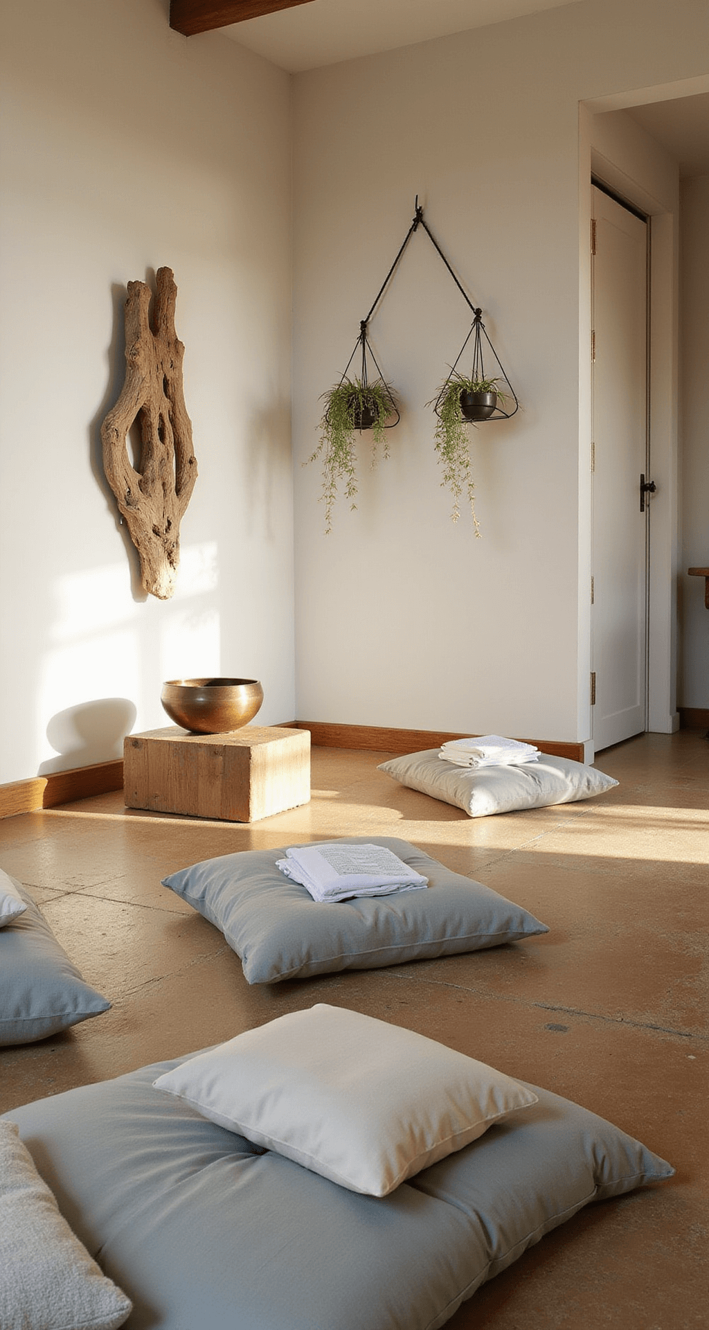 A serene bedroom at sunrise featuring a meditation corner with floor cushions, a low wooden prayer table, and a brass singing bowl, all illuminated by soft morning light. Driftwood art and hanging air plants adorn the walls, while tactile elements of stone, wood, and metal enhance the calming atmosphere. The color palette includes warm cedar, pale sage, and sandy neutrals.