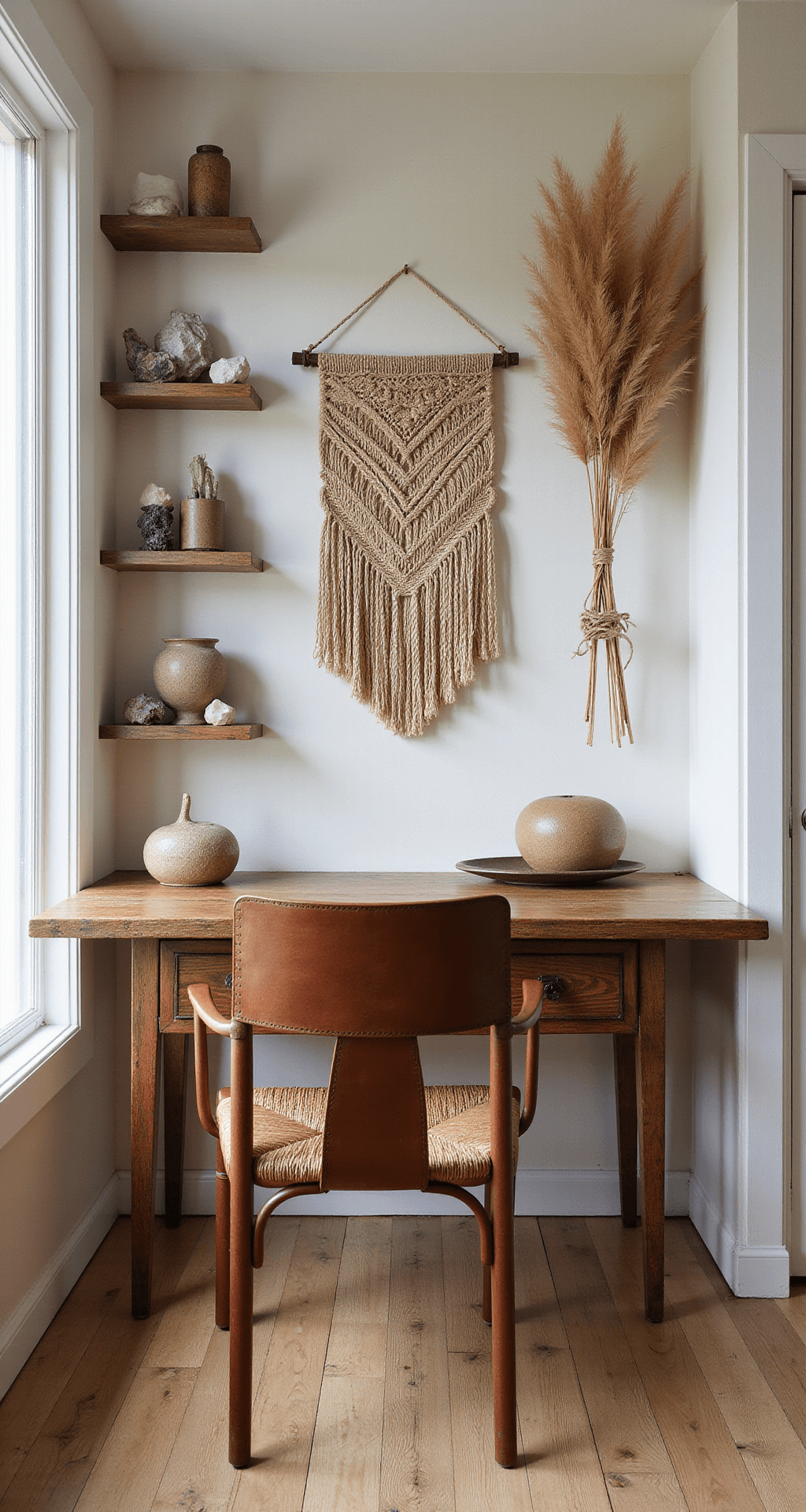 A cozy 14x16ft bedroom nook with a vintage wooden desk and woven leather chair, illuminated by afternoon light. Floating shelves adorned with crystals and pottery, alongside a handmade rope wall hanging and dried pampas grass arrangements. The earthy decor features reclaimed wood, leather, ceramic, and rope in a chocolate brown, wheat gold, and creamy white color palette, beautifully styled on the desk.