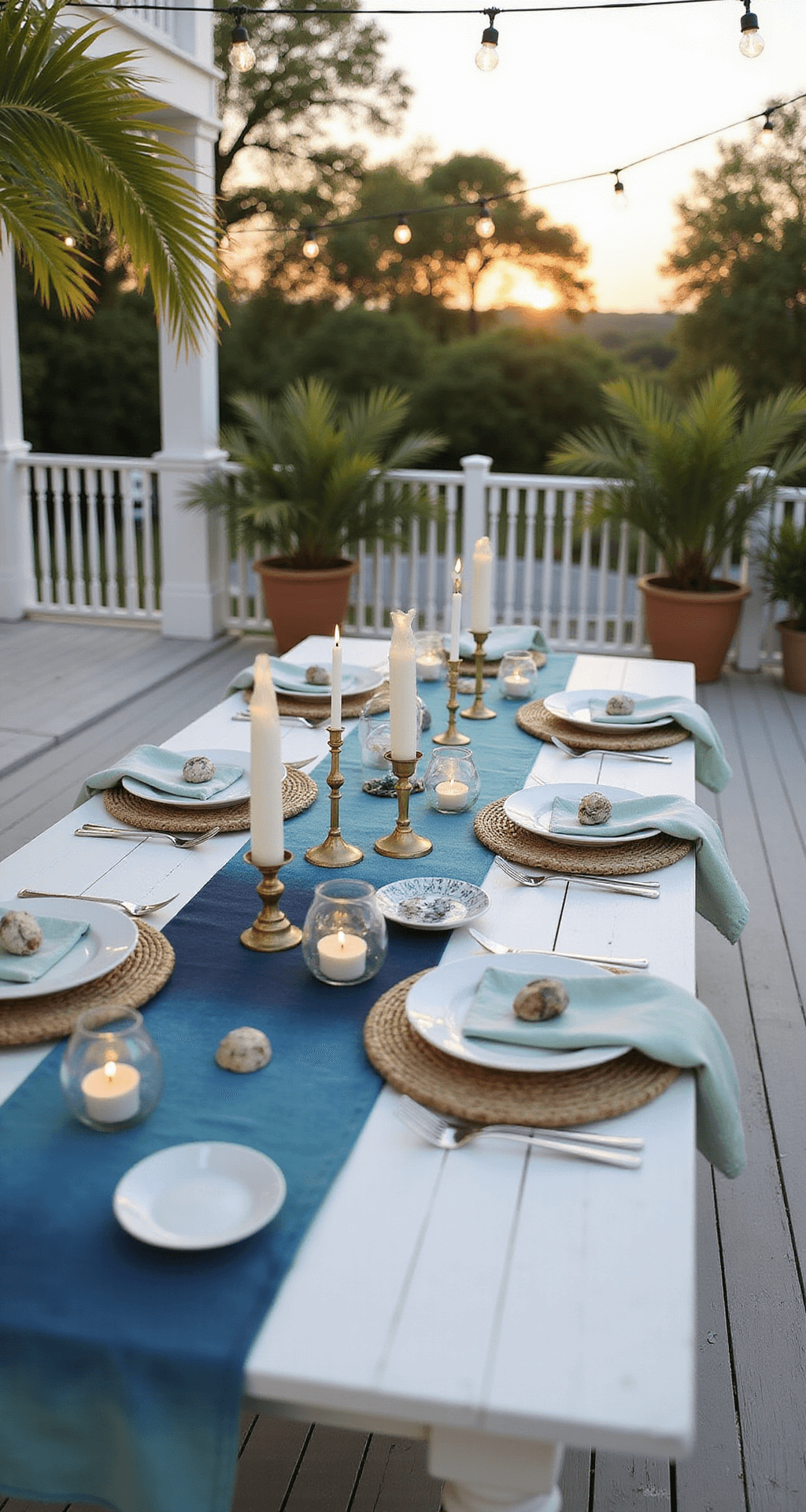 A beautifully styled coastal dining table at golden hour, featuring ombre blue runners, white plates with shell accents, rattan chargers, and brass candlesticks, all framed by palm fronds and illuminated by string lights.
