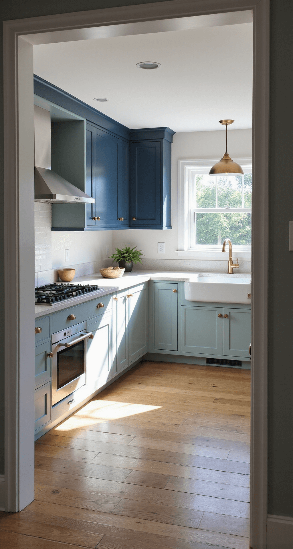 Modern kitchen with two-tone blue-gray cabinets and a white quartz waterfall island, illuminated by warm morning light through floor-to-ceiling windows.