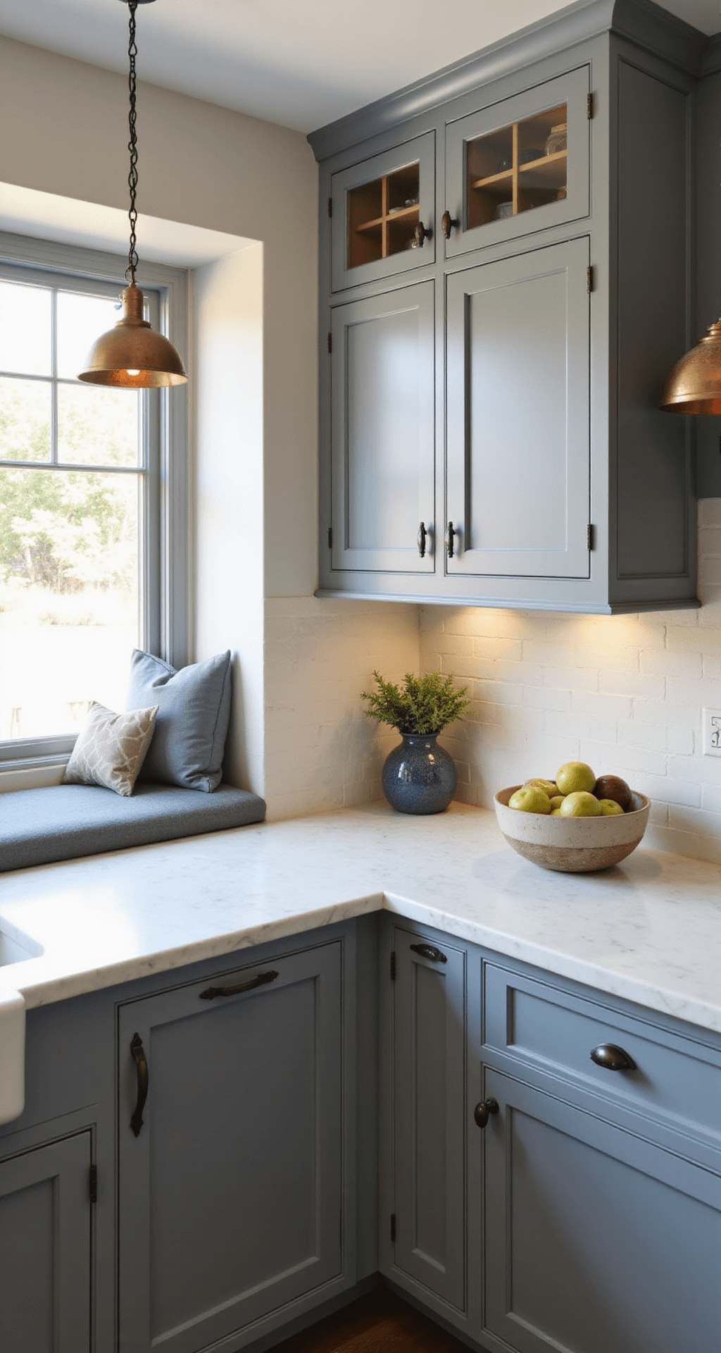 Transitional L-shaped kitchen featuring blue-gray Shaker cabinets, Carrara marble countertops, vintage-inspired copper pendant lights, and mixed metal hardware, captured during golden hour with soft depth of field.