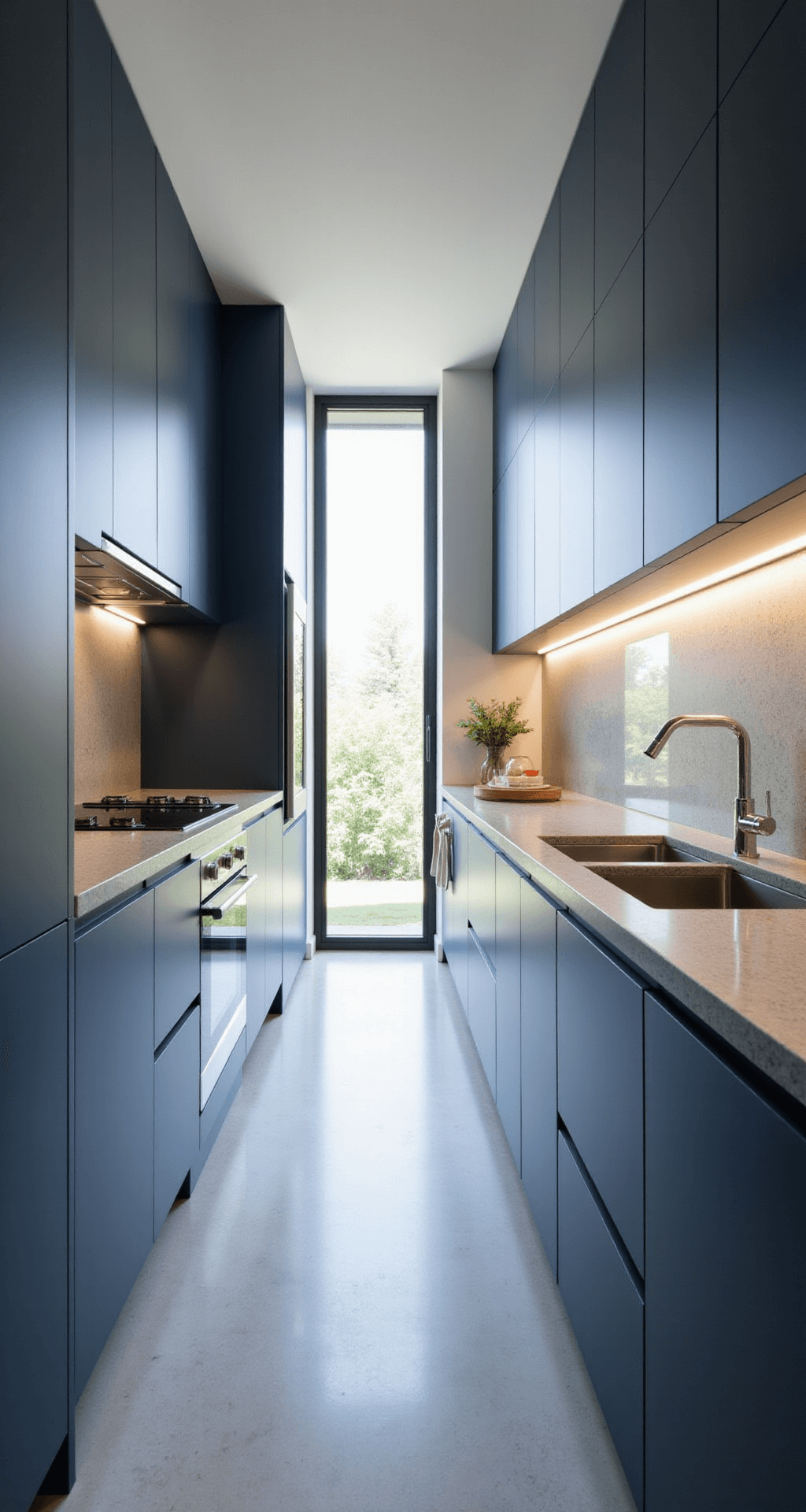 Minimalist galley kitchen featuring floor-to-ceiling blue-gray high-gloss cabinets, monochromatic gray quartz countertops with waterfall edges, and under-cabinet linear LED lighting, captured from a low angle with a wide-angle lens to emphasize vertical lines and cabinet height.