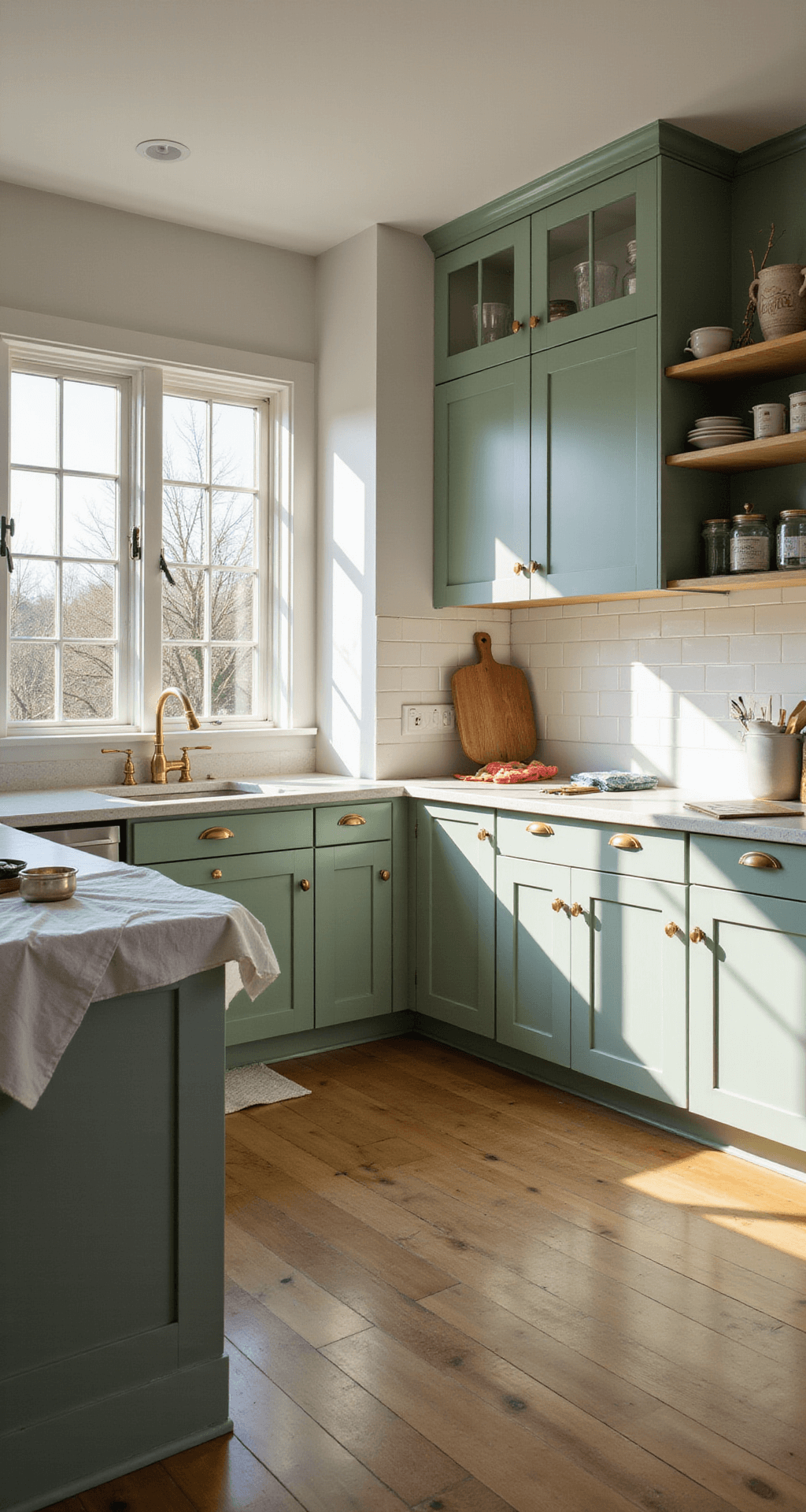 A spacious kitchen with sage green cabinets and brass hardware, white quartz countertops, and a subway tile backsplash, bathed in warm light from large windows, featuring open shelving with artisanal ceramics, a dropcloth-covered island with paint supplies, and soft shadows creating depth.