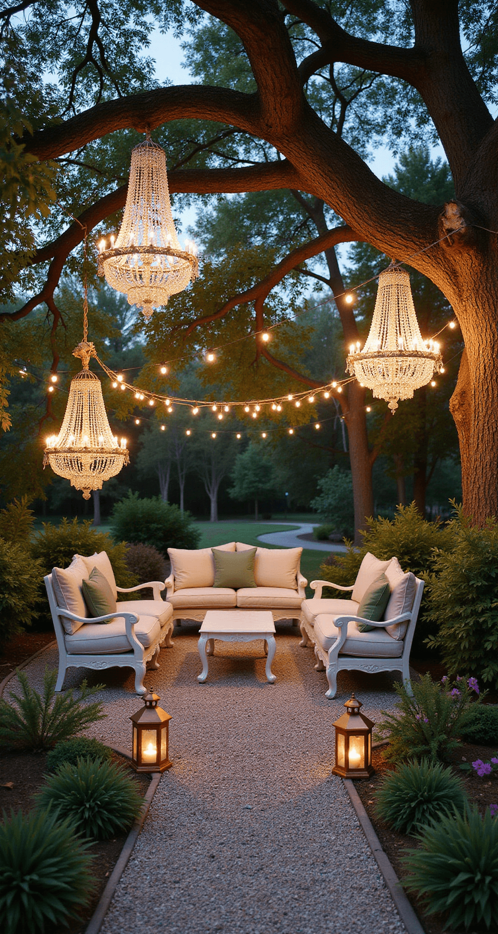 A wide-angle view of a manicured garden at dusk featuring vintage chandeliers and fairy lights hanging from oak branches, suspended floral arrangements in blush and lavender, white garden furniture with sage green cushions, intimate seating nooks with gauzy fabric, and copper lanterns lining the gravel pathways.