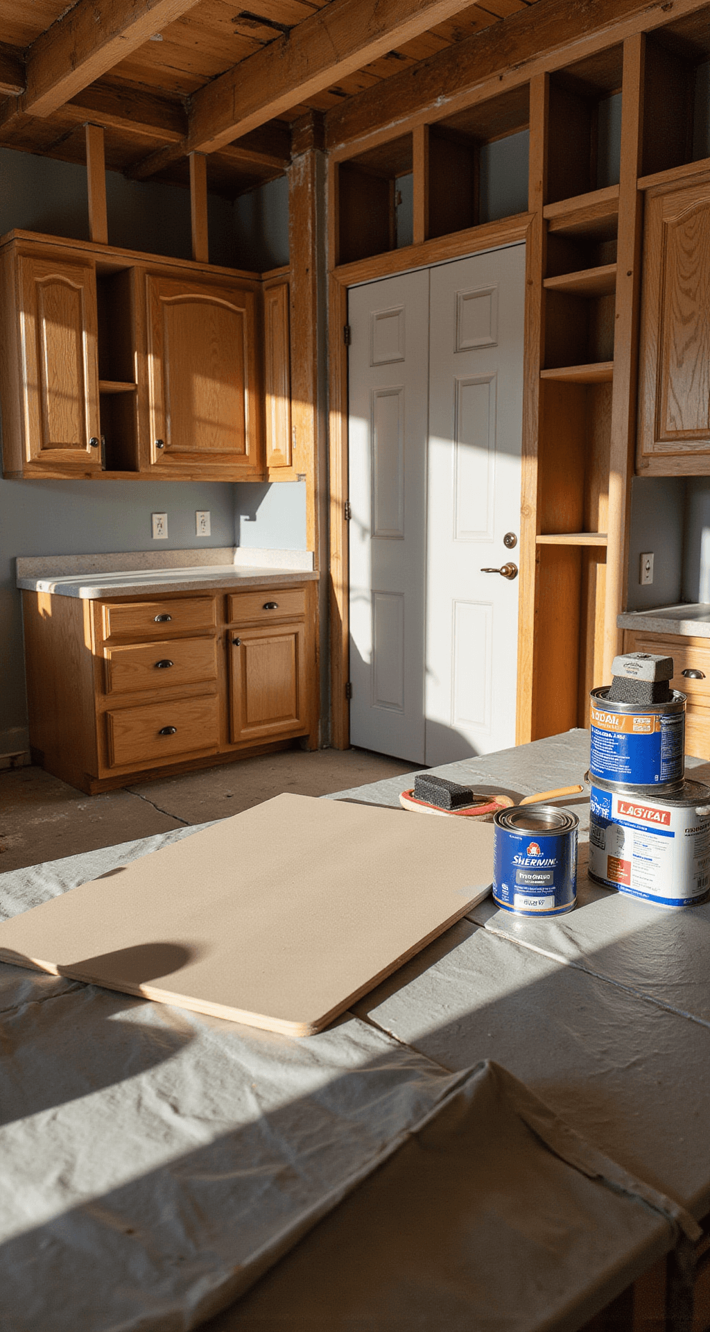 Mid-renovation kitchen scene featuring exposed cabinet frames with removed, labeled doors on drop cloths, warm oak cabinets partially sanded, and an organized workstation with high-end painting supplies, all under dramatic afternoon light casting shadows.