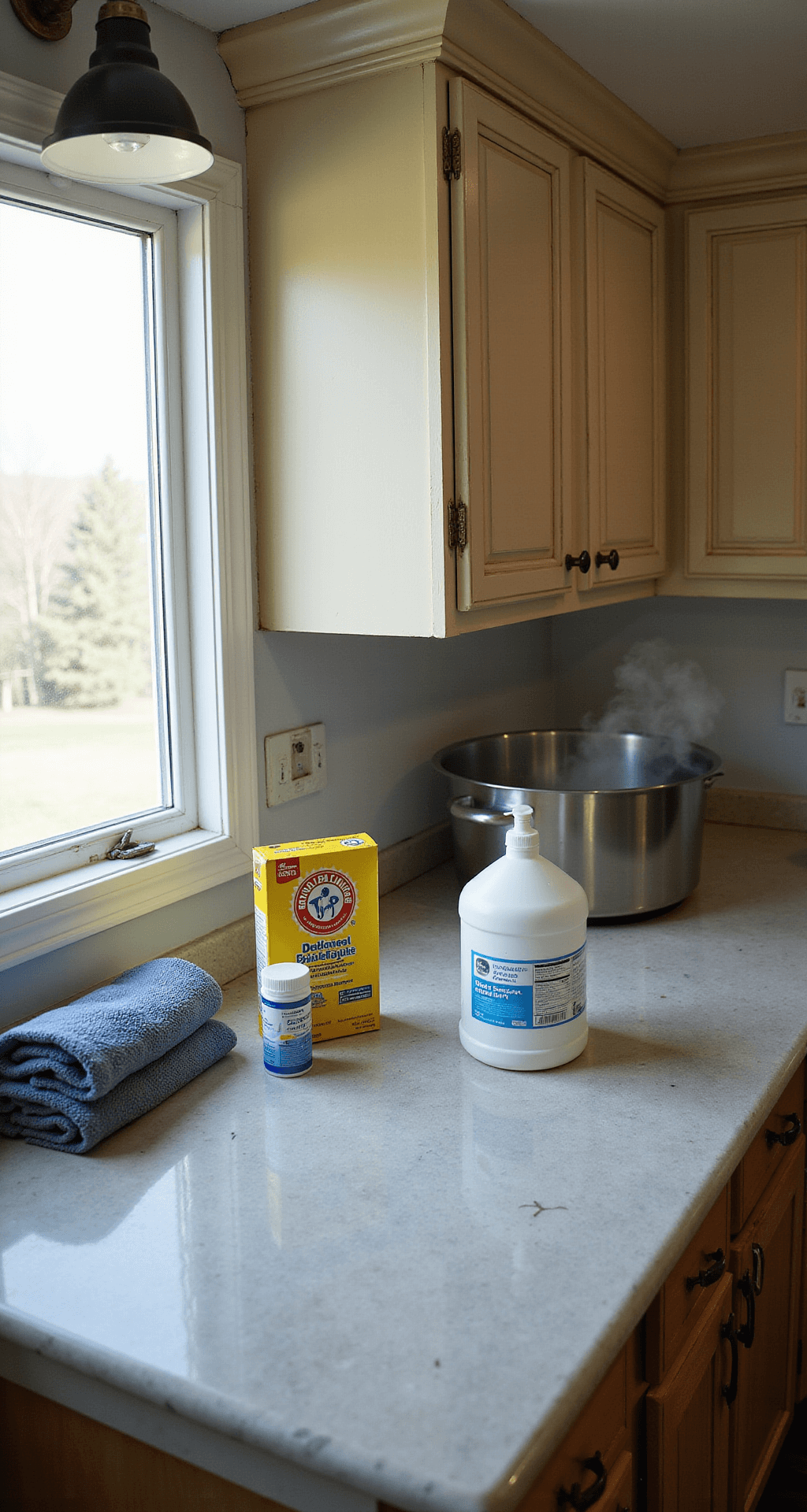 A wide-angle view of a 14x16ft kitchen deep cleaning in progress, featuring early morning light and LED work lights. The marble countertop displays systematically arranged degreasing supplies including TSP solution, microfiber cloths, and scrub brushes. Partially cleaned cream cabinets reveal a before-and-after effect, with steam rising from hot cleaning solution, enhancing the atmospheric depth of the clinical, documentary-style composition.