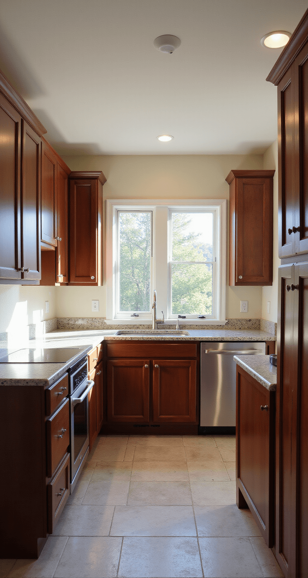 Expansive kitchen in priming stage with golden hour light illuminating dark cherry cabinets and masked granite countertops, featuring smooth primer application and professional spot lighting, highlighting geometric lines and transformation in progress.