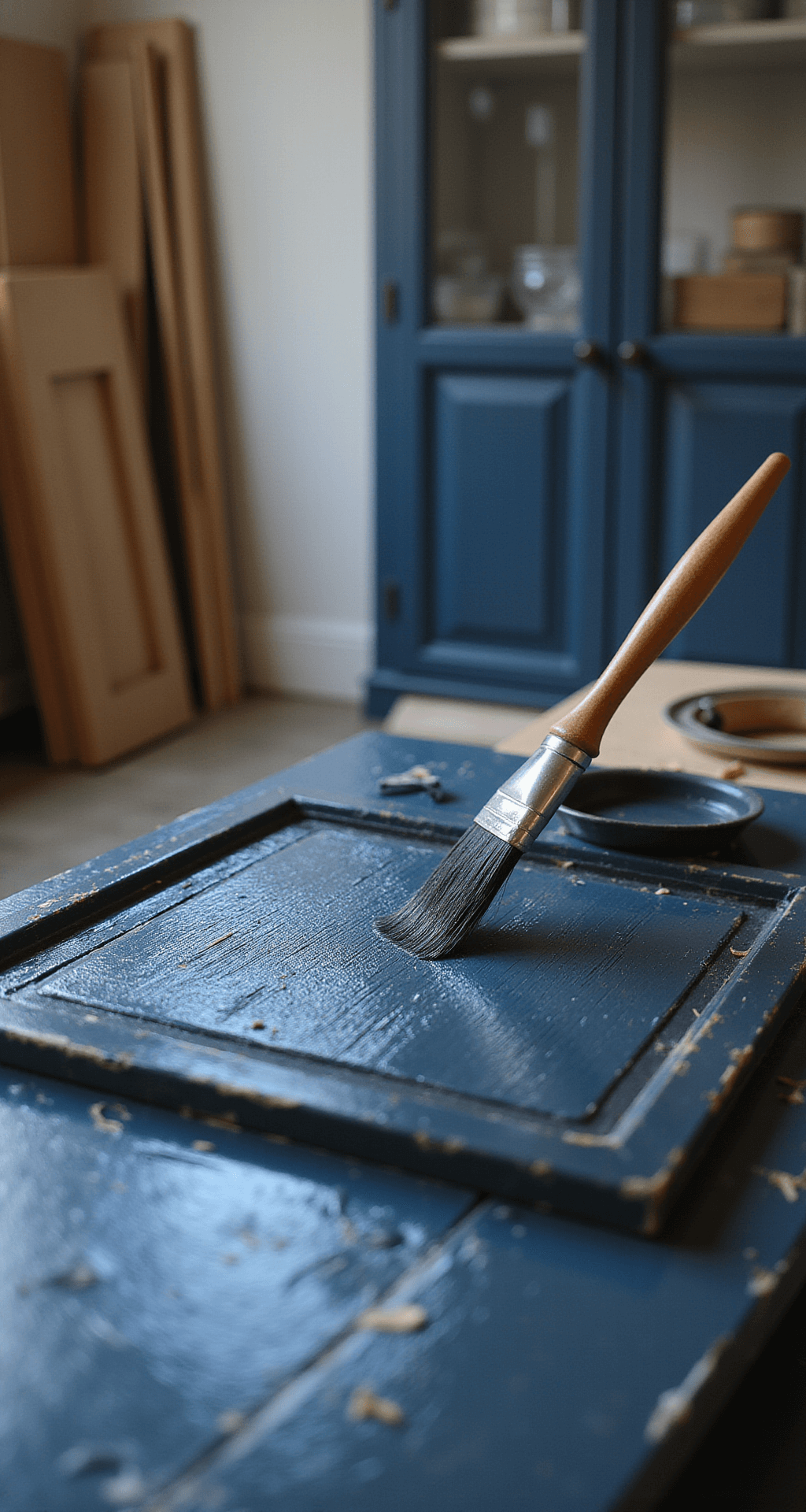 Detailed close-up of a navy blue cabinet door showcasing brush strokes along the wood grain after final paint application, with controlled lighting enhancing the wet paint's subtle reflection and a nearby premium paint roller, all set against a neatly organized workspace.