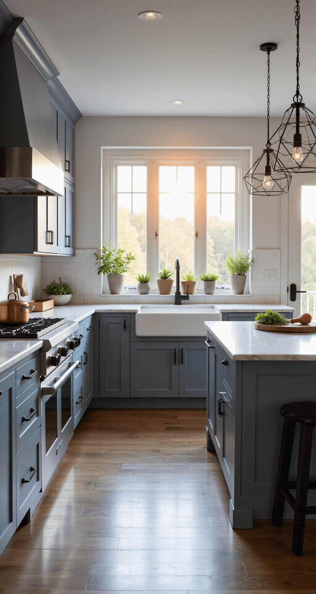 A beautifully transformed kitchen featuring grey-blue cabinets with matte black hardware against warm white walls, marble countertops, and geometric pendant lights, illuminated by golden hour backlighting. The space is styled with copper cookware and fresh herbs, capturing an expansive 15x18ft layout with professional lighting that highlights the cabinet finishes.