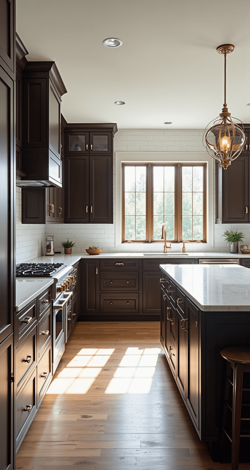 A spacious 12x15ft kitchen featuring espresso-brown Shaker cabinets, white quartz countertops, and a marble-topped island, illuminated by morning light and warm LED under-cabinet lighting, with a white subway tile backsplash in a transitional modern style.