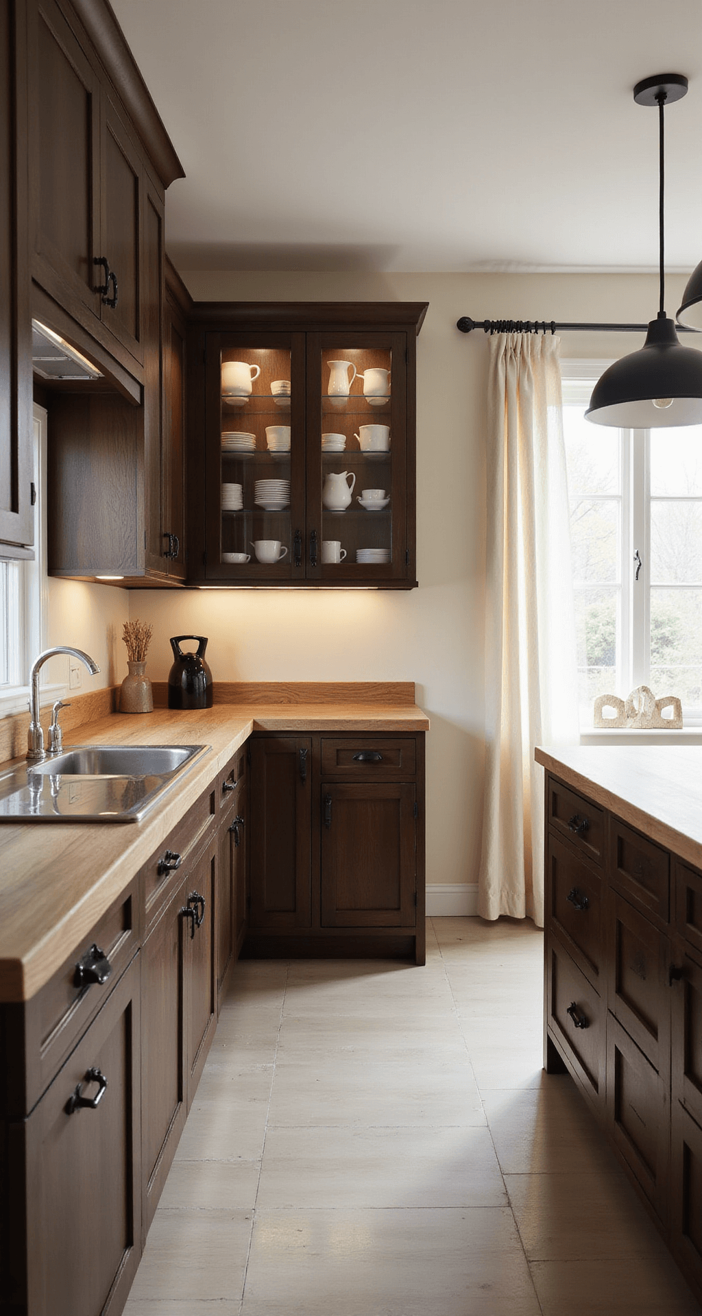 A modern farmhouse galley kitchen with dark walnut cabinets, cream walls, butcher block countertops, and glass-front upper cabinets displaying white ceramics, illuminated by late afternoon sunlight and industrial black pendant lights.