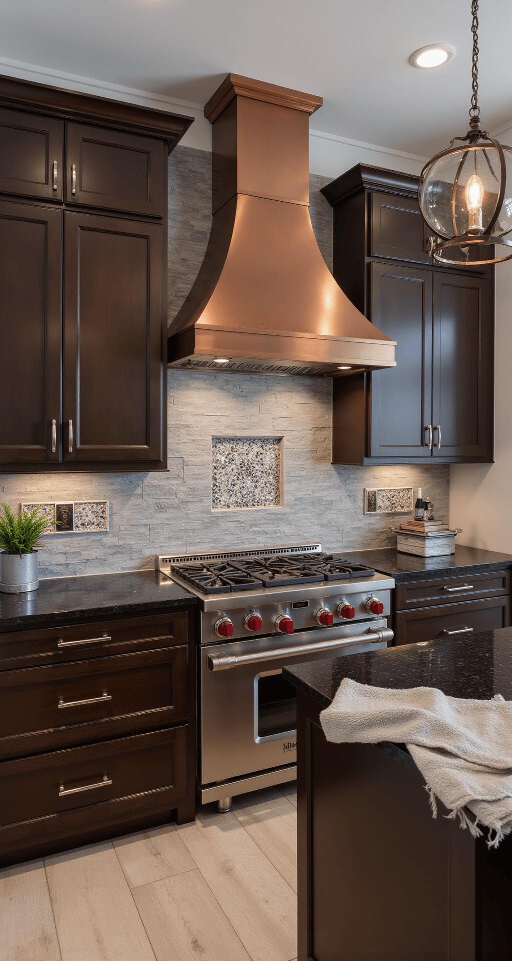 Corner view of a contemporary open-concept kitchen featuring chocolate brown cabinets, black granite countertops, an oversized copper hood above a 6-burner range, a textured gray stone backsplash with glass mosaic tile inserts, and layered lighting from recessed fixtures and pendant clusters.