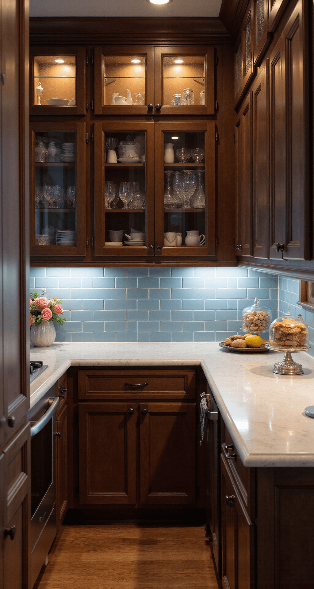 Intimate breakfast nook with dark mahogany cabinets featuring glass doors, white marble waterfall countertops, and a blue ceramic tile backsplash, illuminated by warm under-cabinet lighting in a cozy, transitional coastal style.