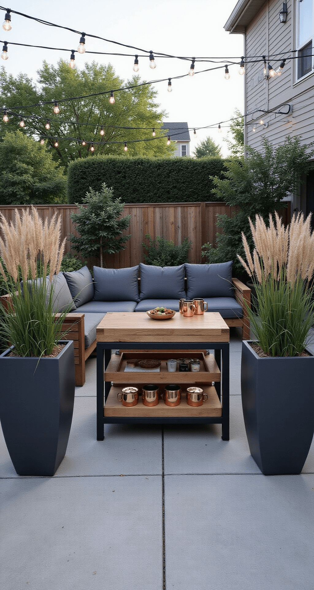 A modern BBQ lounge featuring a mid-century patio setup with a teak wood sectional, charcoal cushions, geometric planters with tall grasses, a matte black serving cart with copper moscow mule mugs, and industrial string lights overhead, all captured in moody contrast during the late afternoon.