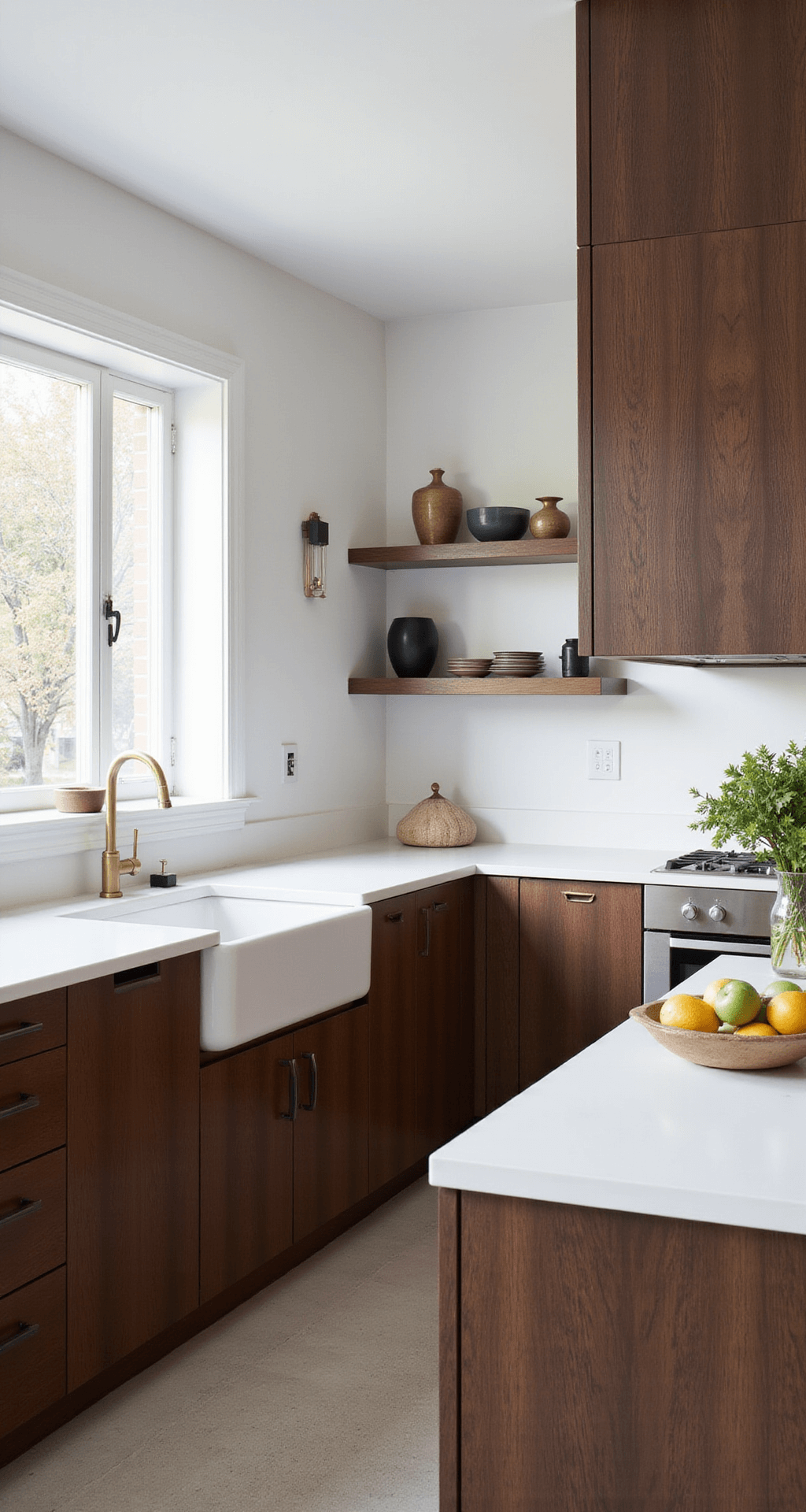 A bright, modern kitchen with dark brown oak cabinets and white walls, accented by brass fixtures and floating shelves displaying pottery, all showcased in a high-angle shot.