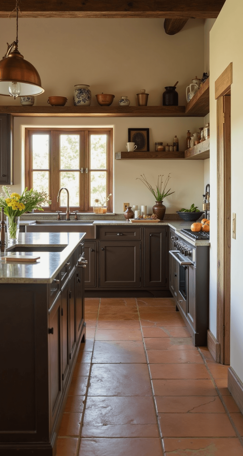 A rustic kitchen featuring distressed dark brown cabinets, cream plaster walls, reclaimed wood open shelving, and copper accents. The terra cotta tile floor grounds the space, while golden hour lighting enhances the warm ambiance, showcasing the Mediterranean farmhouse style with vintage elements.