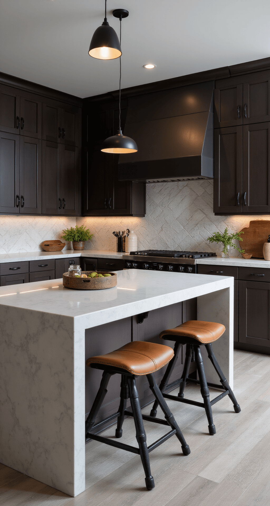 Contemporary kitchen with dark chocolate cabinets, matte black hardware, a white waterfall island with leather barstools, and a geometric gray tile backsplash, captured from a corner with evening lighting.