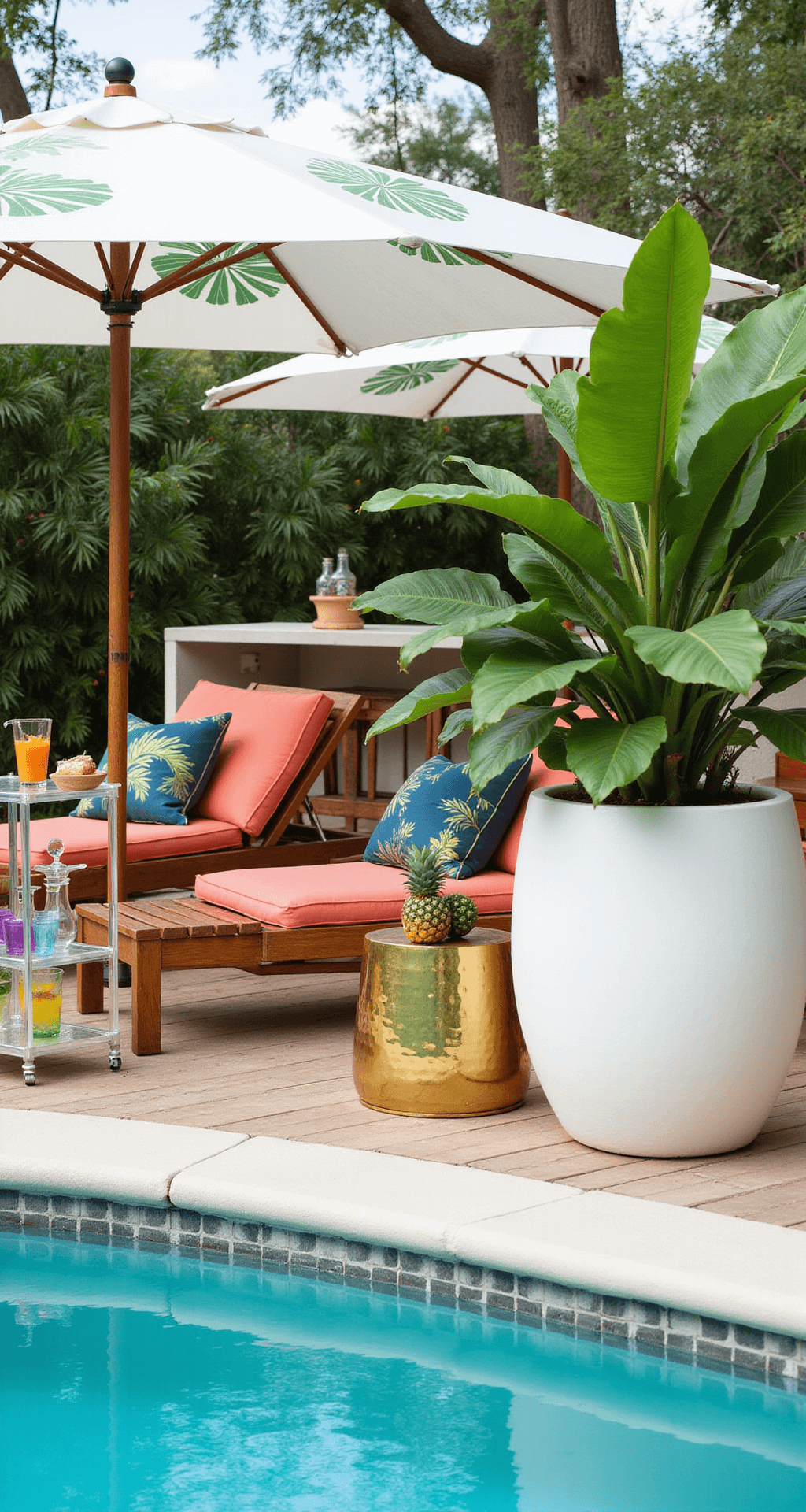 Bright tropical poolside scene featuring a turquoise pool under oversized white umbrellas adorned with banana leaf prints. A stylish lucite bar cart displays colorful acrylic glassware and fresh pineapples, while massive monstera leaves in white ceramic planters accentuate teak loungers with coral cushions. Low hammered brass side tables are adorned with tropical cocktails, all captured from a raised deck perspective.