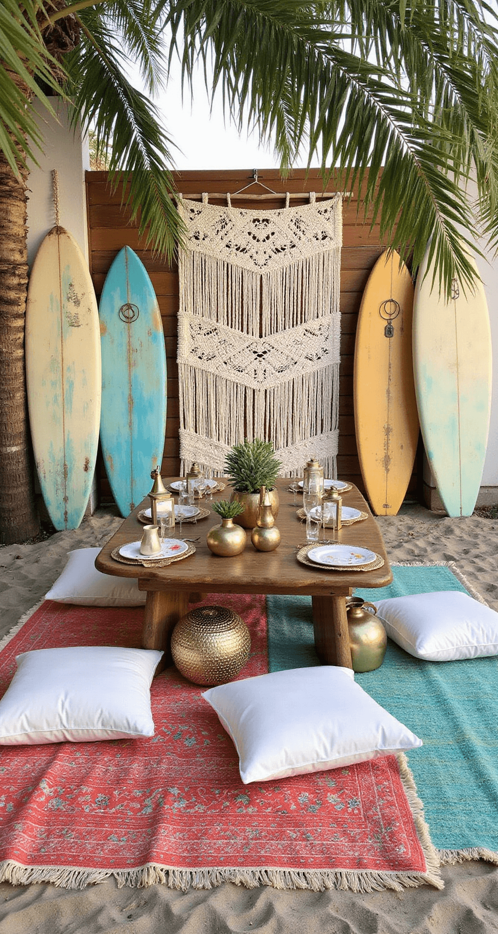 Boho beach picnic setup at 3pm with layered Turkish rugs in coral and turquoise, surrounded by white floor cushions and metallic poufs, low wooden tables with brass lanterns and driftwood, macramé wall hanging backdrop, painted surfboards, and shadowed palm fronds, shot from a 45-degree angle above.