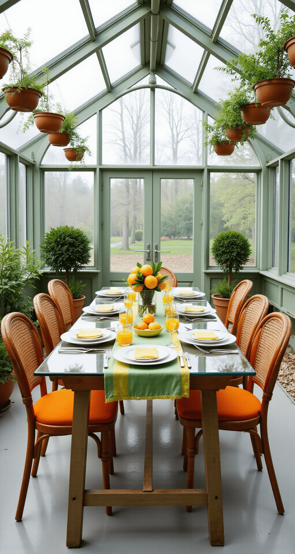 A sunlit greenhouse-style sunroom set for brunch, featuring a glass dining table with a mix of rattan and velvet chairs in orange and mint, surrounded by citrus topiaries and suspended copper planters filled with herbs, styled with color-blocked linens and vintage pressed glass in yellow and green hues.