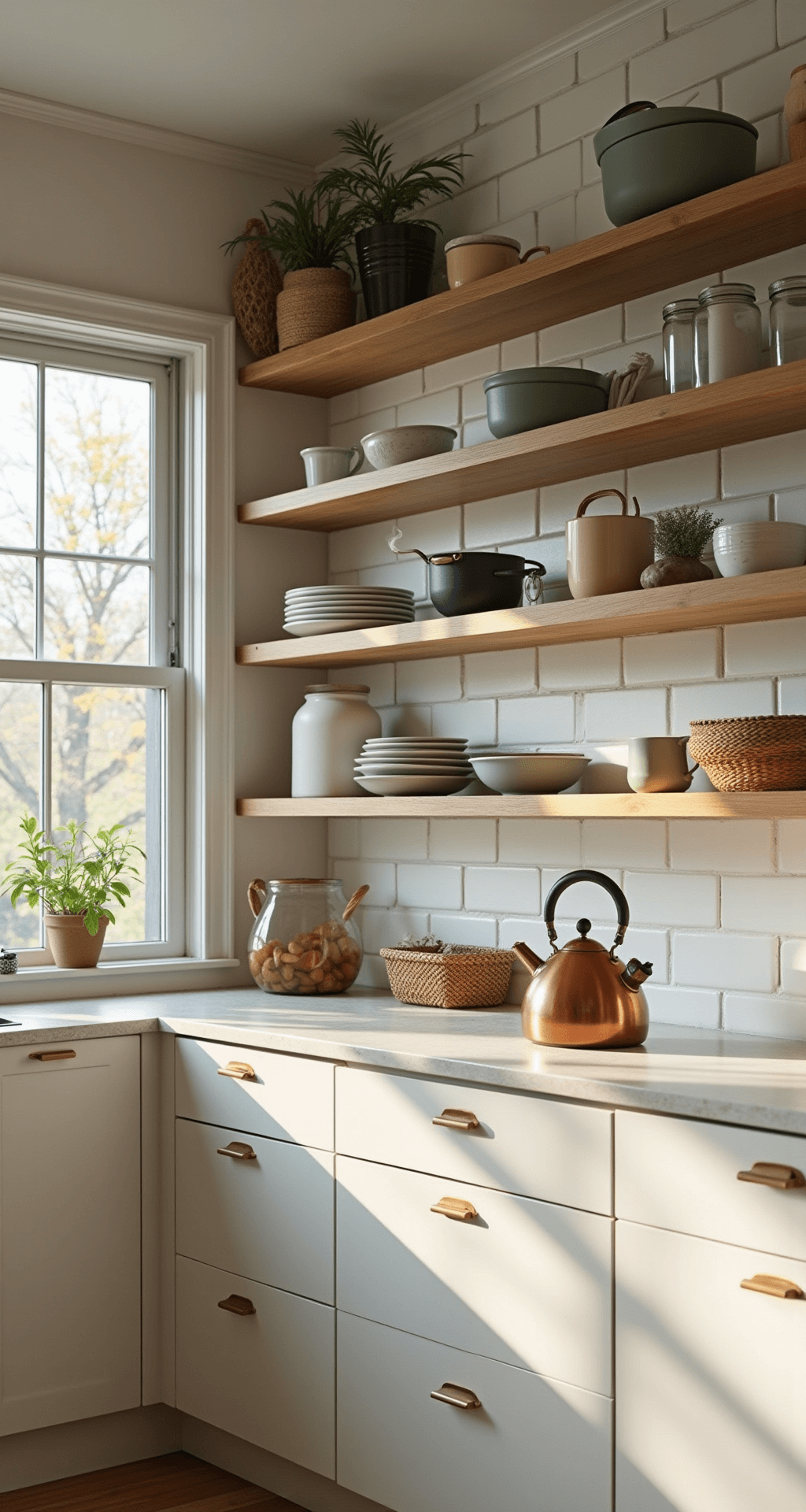 Modern kitchen with morning light through floor-to-ceiling windows, featuring a floating white oak open shelving system, white subway tile wall, steam rising from a copper kettle, and asymmetrically arranged ceramic dinnerware in sage and cream, alongside handwoven baskets and artisanal glass containers, with natural brass hardware reflecting golden hour light, captured from a low angle in a wide-angle perspective.