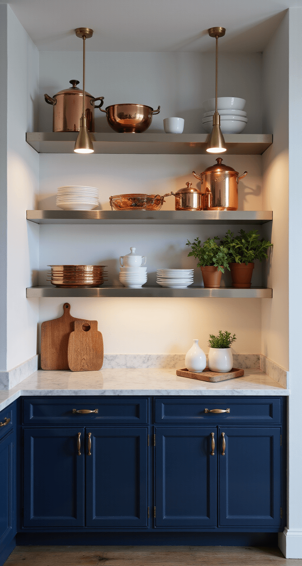 Transitional kitchen at dusk featuring deep navy bottom cabinets and Carrara marble countertops, illuminated open shelving in brushed steel, copper cookware, white porcelain, vintage cutting boards, and fresh herbs in terracotta pots, with dramatic shadows cast by pendant lights.