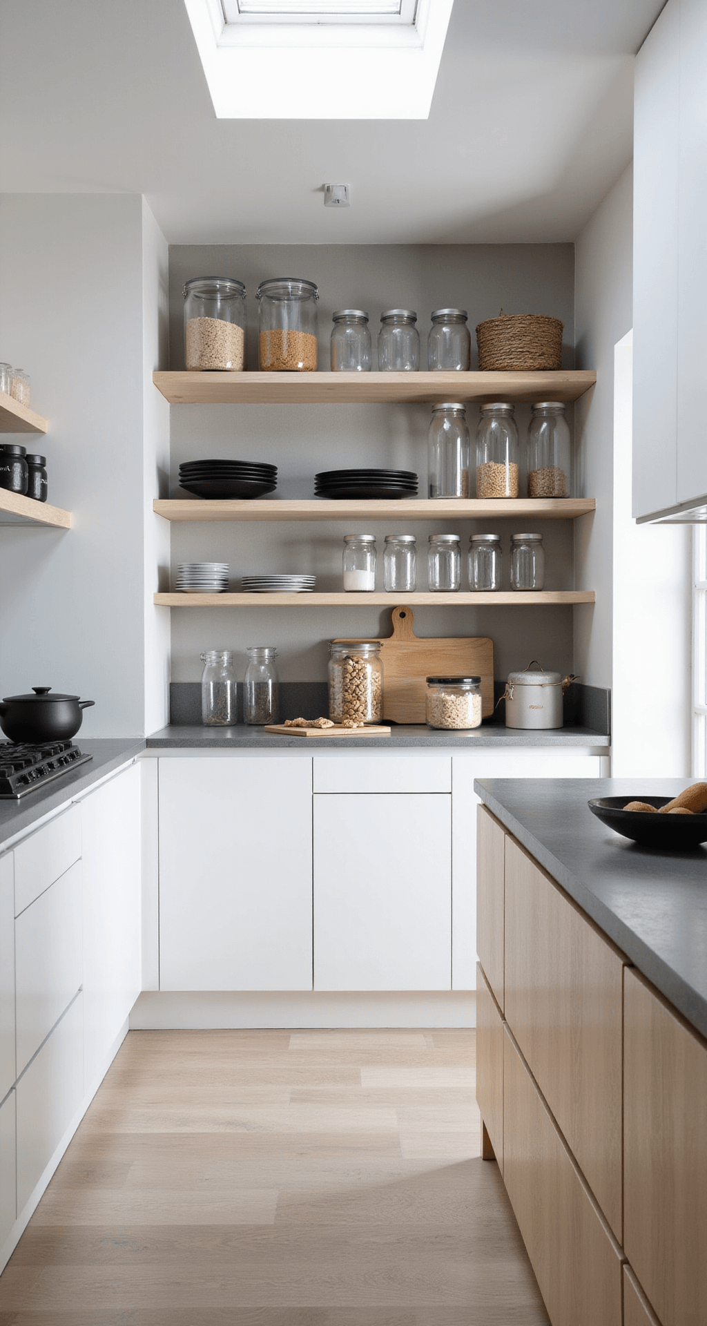 Minimalist Scandinavian kitchen interior with floor-to-ceiling matte white cabinets and pale ash open shelving, viewed from above at 45 degrees, featuring natural light from a skylight illuminating clear glass storage containers and matte black ceramics on concrete countertops.