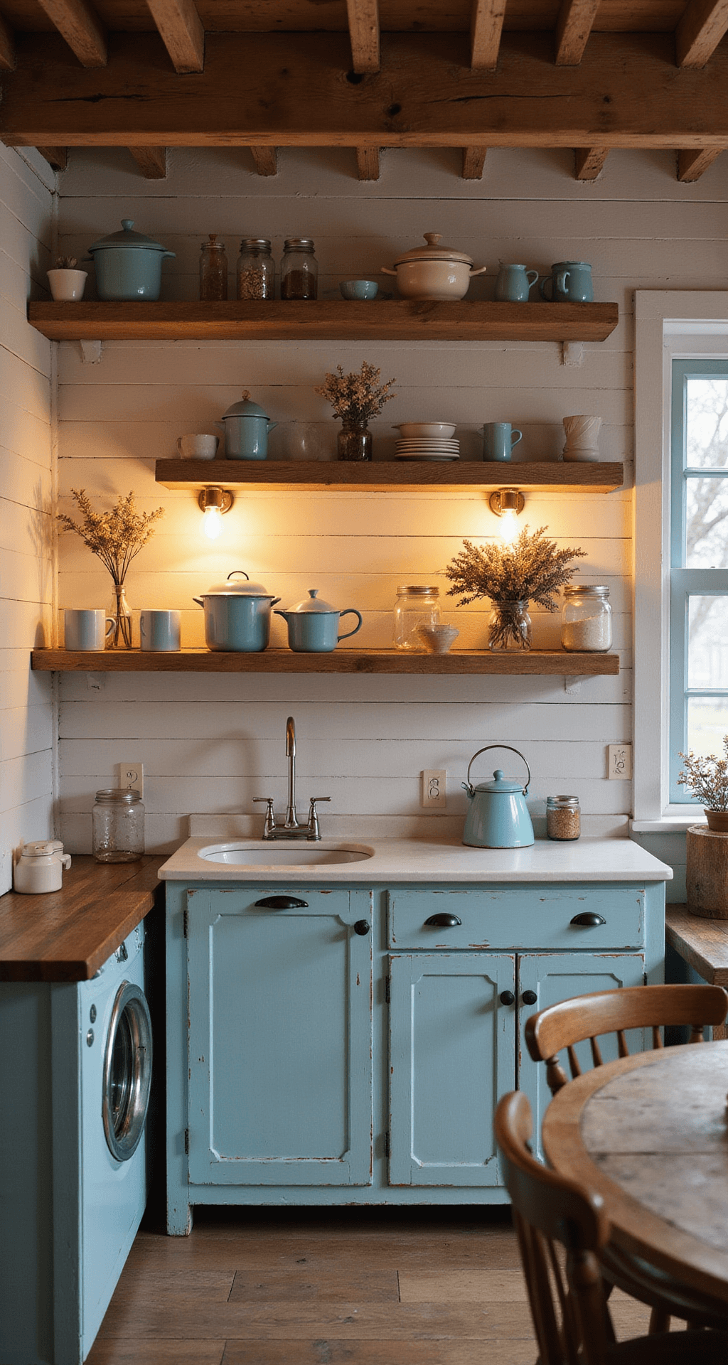 Cozy cottage kitchen at twilight with distressed wooden shelves, vintage pastel enamelware, warm Edison bulb sconces, dried flowers in mason jars, and exposed ceiling beams, viewed from the dining area.
