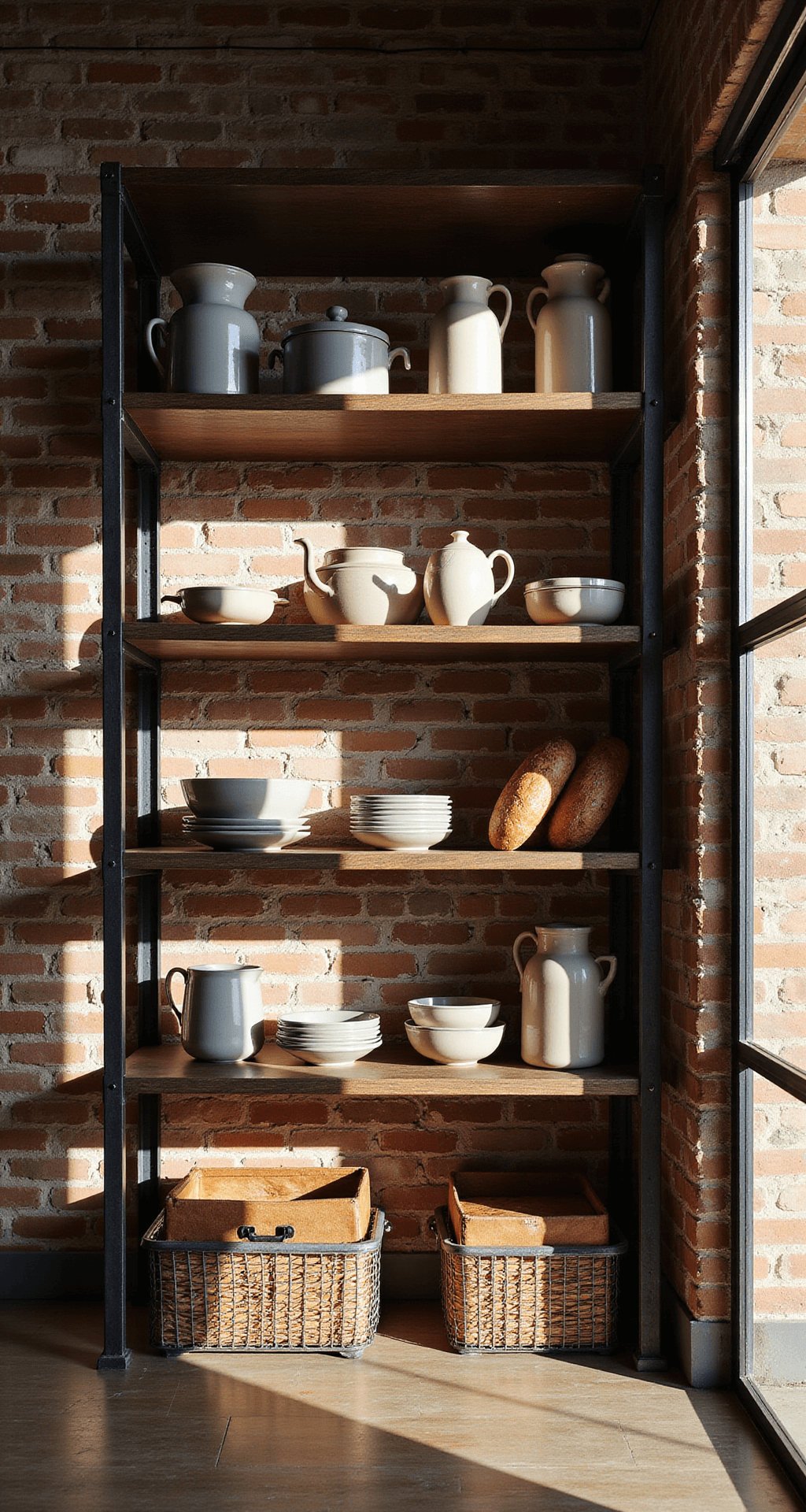 Industrial loft kitchen with blackened steel open shelving against exposed brick, showcasing professional cookware and artisanal pottery in dramatic afternoon light; features vintage bread boxes and wire baskets, emphasizing textures and contrasts, with a view of 20ft ceiling height.