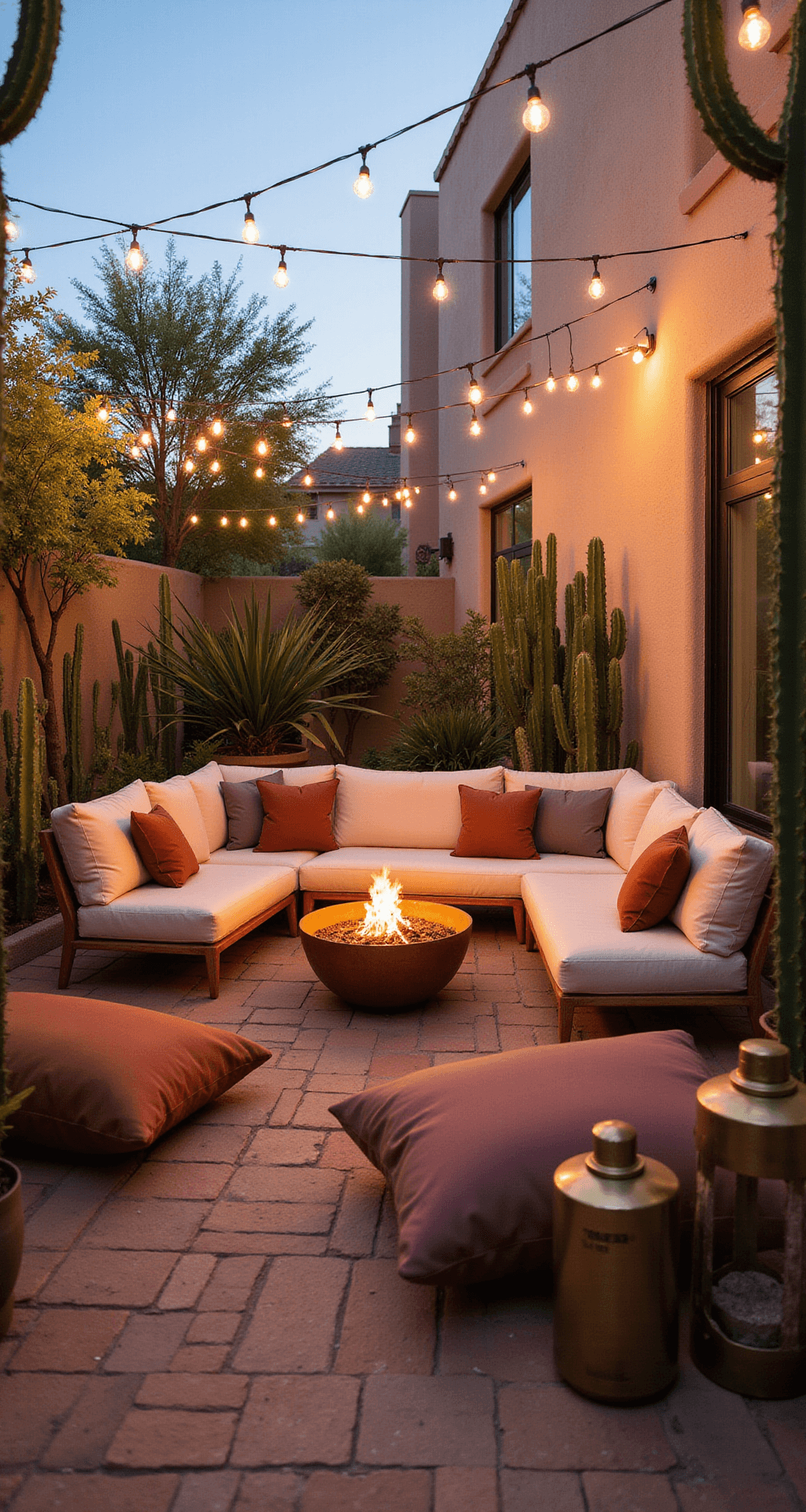 Intimate desert garden lounge at sunset featuring low-slung cream canvas furniture on terra cotta tiles, a central copper fire pit, oversized floor pillows in rust and mauve, potted cacti, brass lanterns, and geometric bistro lights casting warm glow and long shadows.