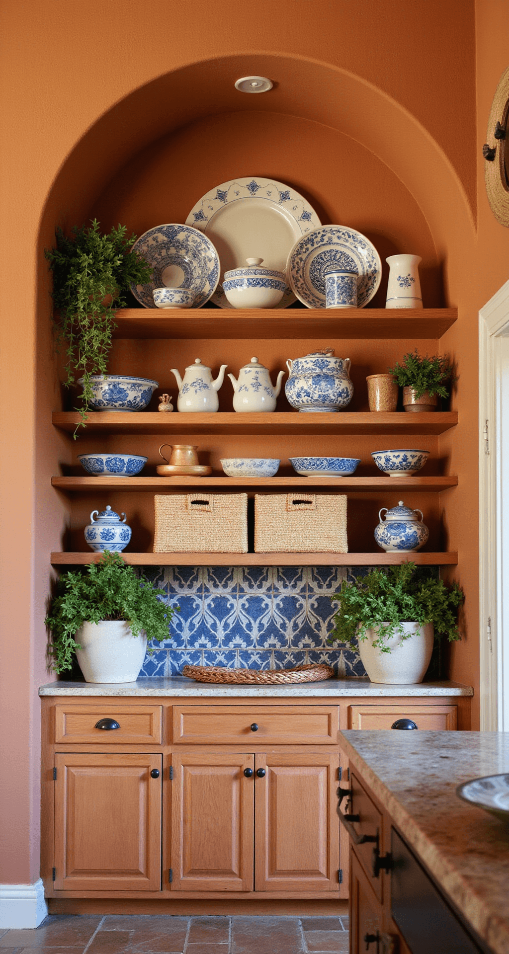 A Mediterranean-inspired kitchen featuring an arched alcove with custom built-in shelving in warm terracotta plaster, illuminated by golden hour lighting. The scene showcases collected blue and white ceramics, woven storage baskets, and copper accents, along with trailing plants and handmade tiles, all viewed straight on to highlight the arch detail and 9ft ceiling height.