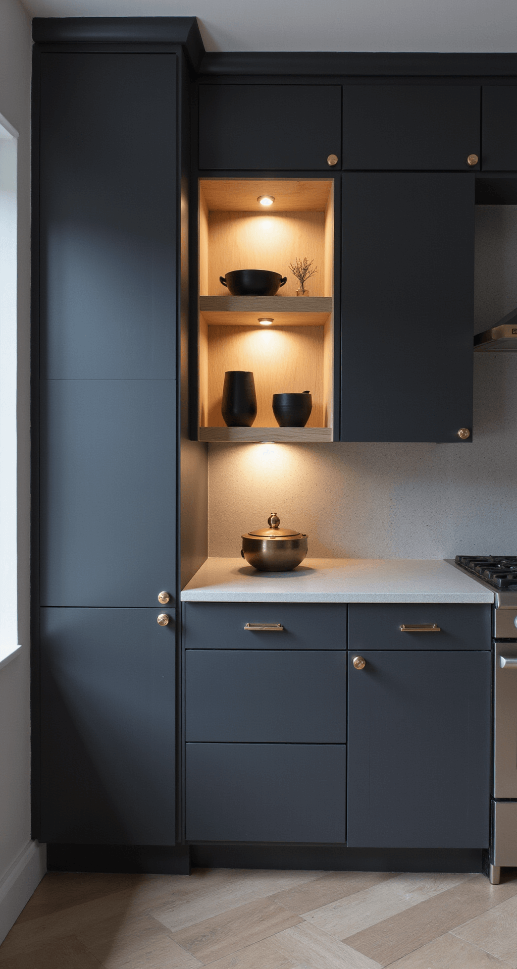 A contemporary kitchen featuring matte charcoal upper cabinets and floating white oak shelves, captured at blue hour with integrated LED lighting showcasing black stoneware and brushed gold accessories, shot from a corner angle to highlight geometric lines and material transitions.